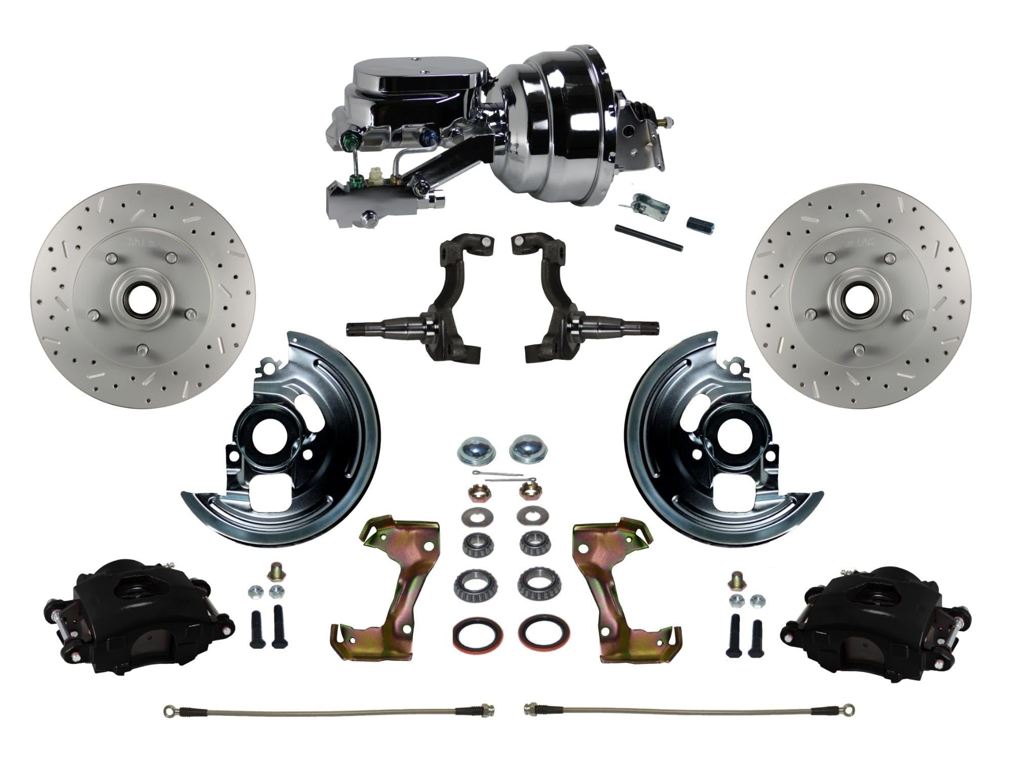Power Front Disc Brake Kit LEED BRAKES Drilled And Slotted Rotors Black Powder Coated Calipers With 8" Dual Chrome Booster Disc/Drum