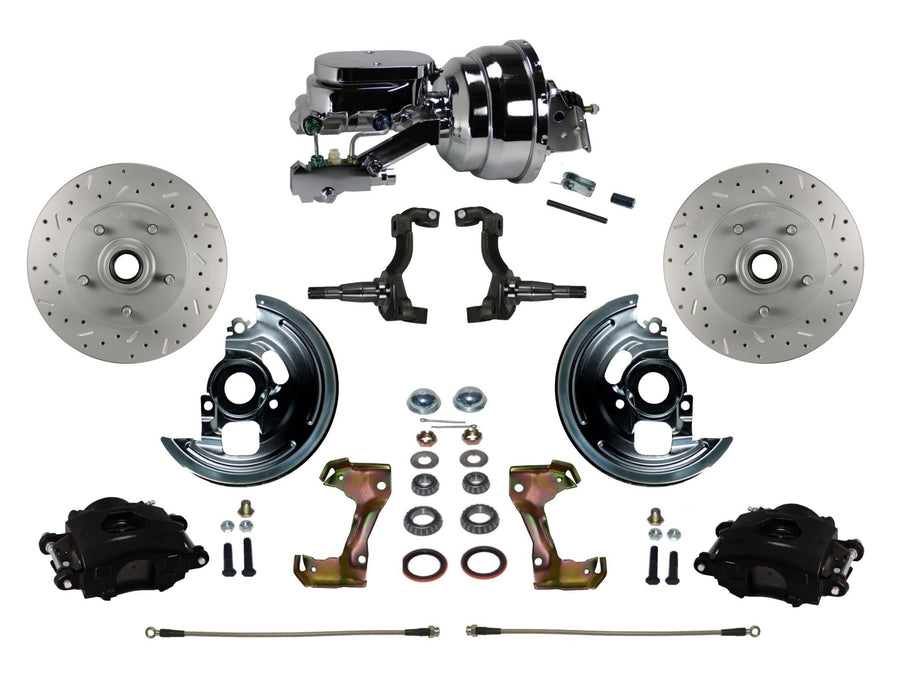 Power Front Disc Brake Kit LEED BRAKES Drilled And Slotted Rotors Black Powder Coated Calipers With 8" Dual Chrome Booster Disc/Drum