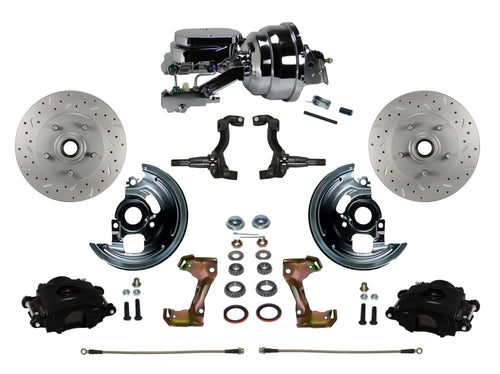 Power Front Disc Brake Kit LEED BRAKES Drilled And Slotted Rotors Black Powder Coated Calipers With 8" Dual Chrome Booster Disc/Drum