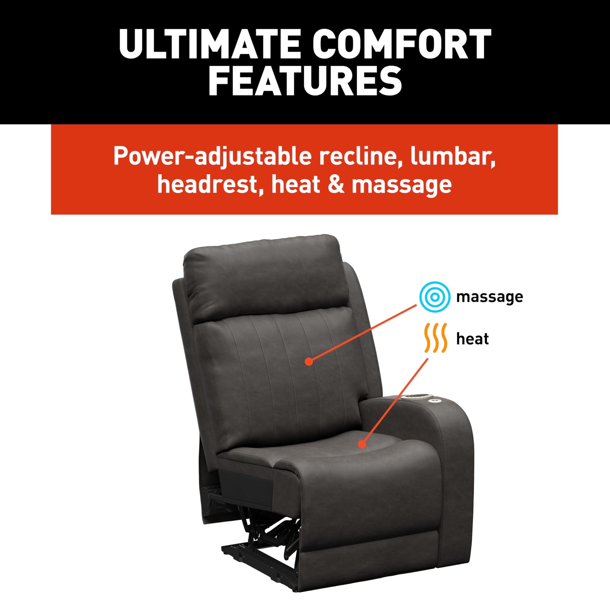 THOMAS PAYNE McCoy Signature Seismic Series RV Theater Seating Left Arm Recliner with Power Adjustable Lumbar, Headrest, Reclining, Heating, Massage, Integrated Cupholder Controls - 2024044201