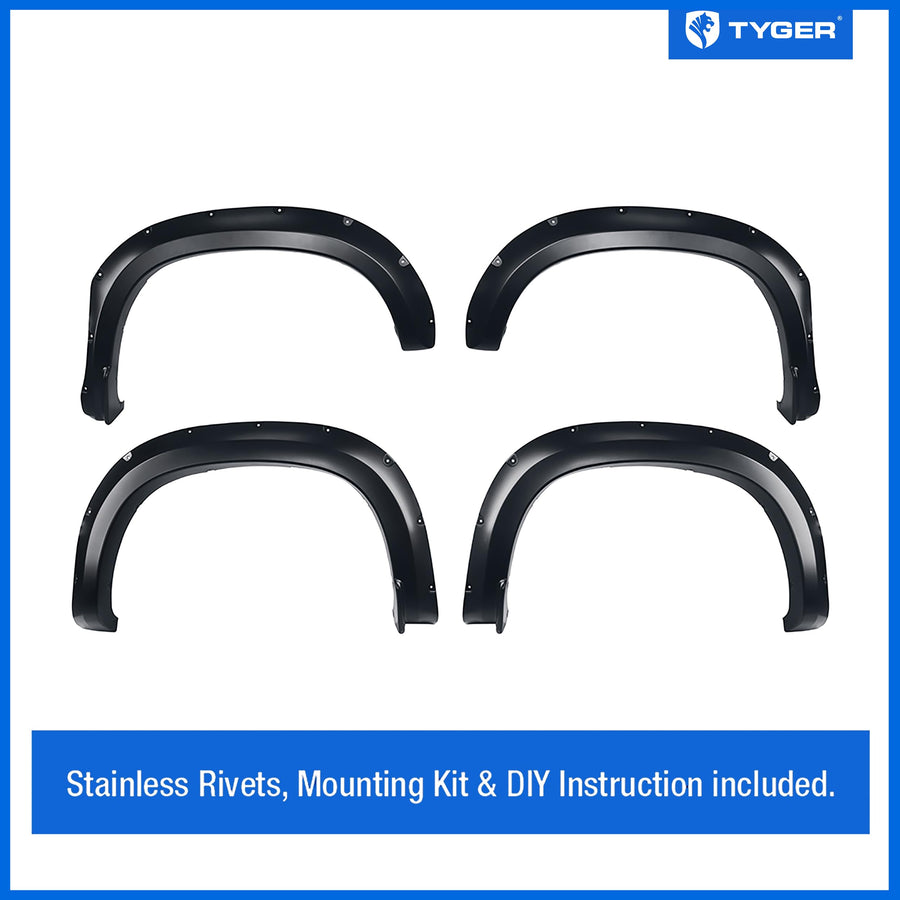 Tyger Auto Fender Flare 2019-2021 Compatible with Chevy Silverado 1500 (Not Fit 19 LD), Smooth Textured Black Paintable Bolt-Riveted Style 4pc | TG-FF8C4588