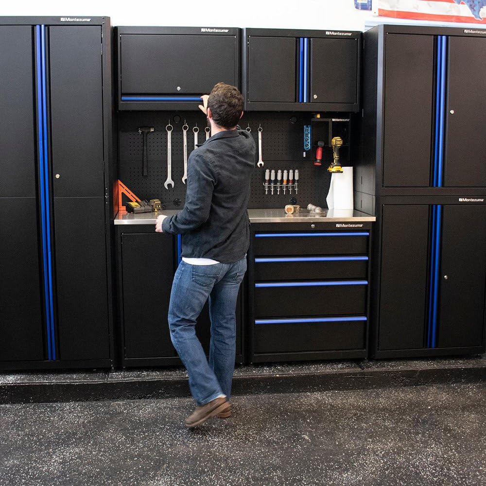 Garage Tool Storage System Montezuma - 30.5 x 24" Locking 4 Drawer Workbench with Ball Bearing Slides & Stainless Steel Worktop - BKMG30244BC