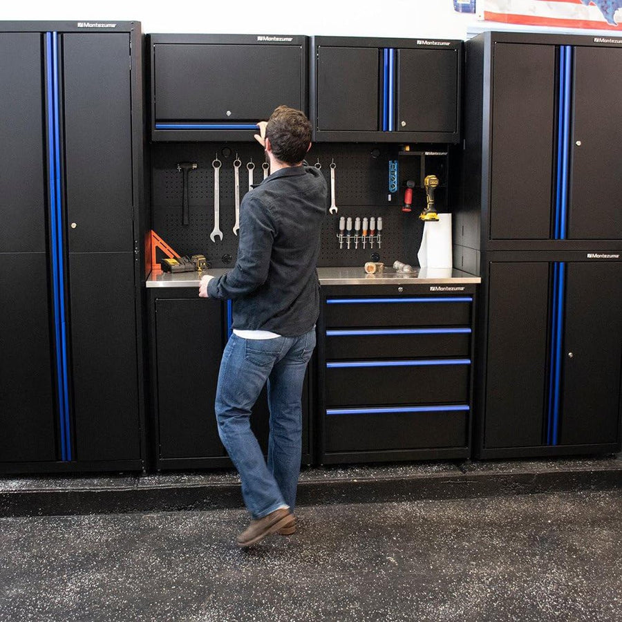Garage Tool Storage System Montezuma - 30.5 x 24" Locking 4 Drawer Workbench with Ball Bearing Slides & Stainless Steel Worktop - BKMG30244BC