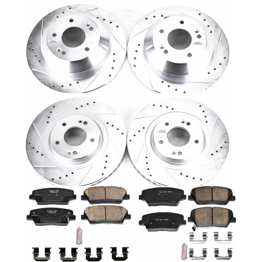 Power Stop K7063 Brake Kit with Drilled Slotted Brake Rotors and Front Rear Z23 Carbon Fiber Brake Pads For 2016 2017 2018 2019 2020 Kia Sorento