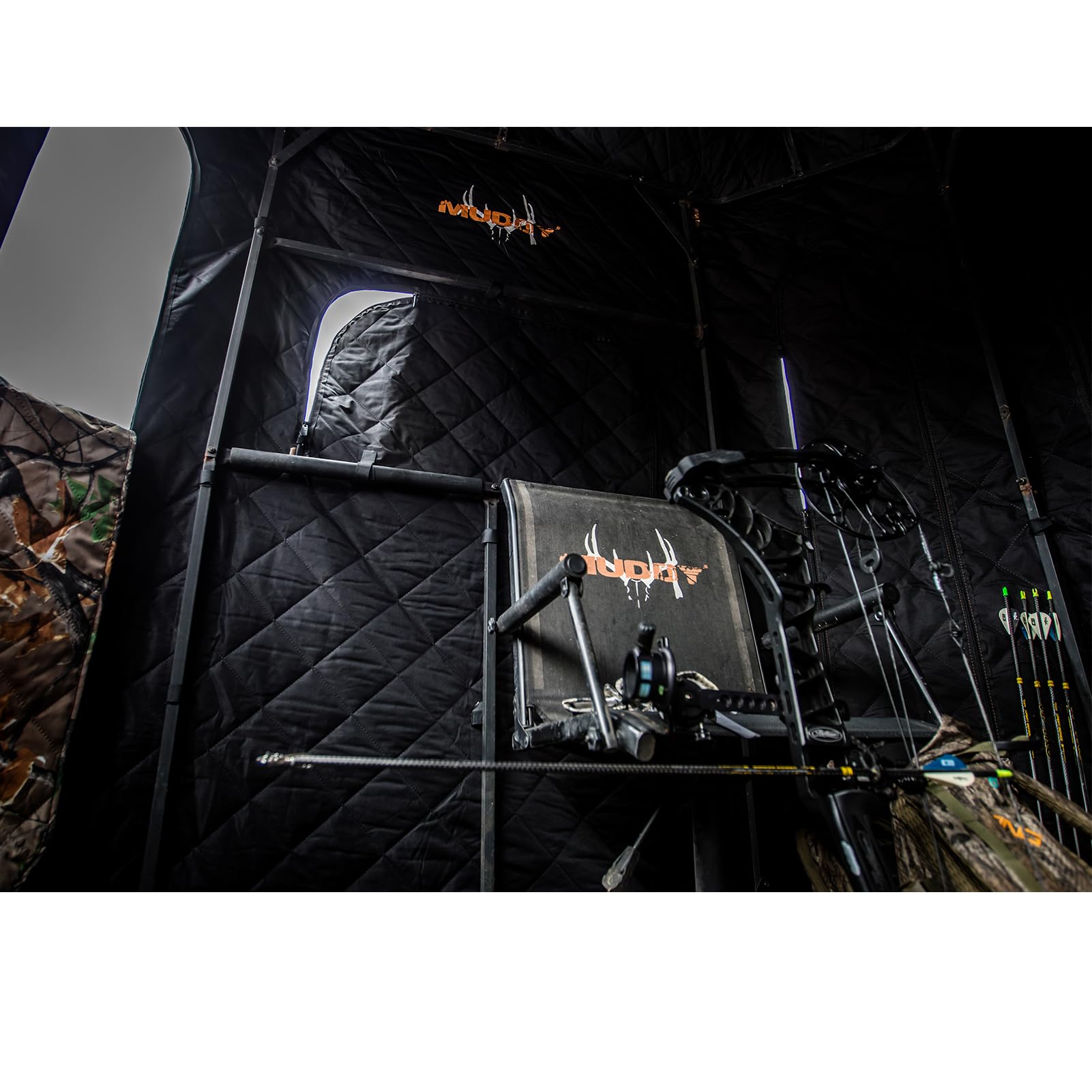 Muddy 360 Soft Side Resistant Heavy-Duty Powder Coated Steel Hunting Blind - Insulated Fabric Walls, Floor Pad, Silent Zipper Window System w/Sliding Mesh Backing, Rubber Dampeners