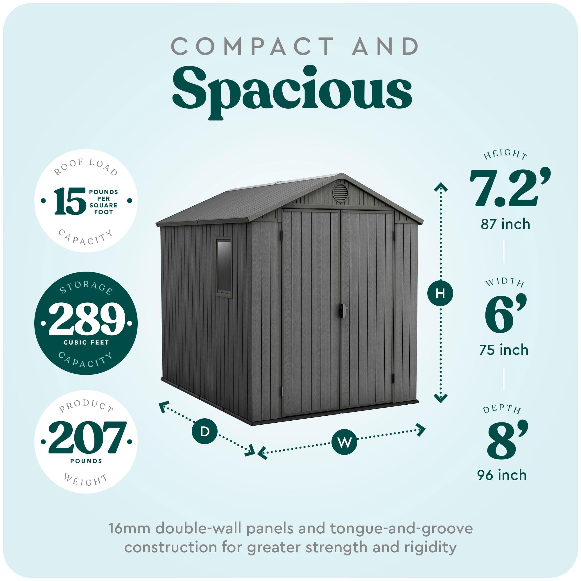 Keter Outdoor Tool Storage Shed, for House, Patio & Yard, Darwin, 6 x 8 Ft, Graphite Gray - Portable and Lockable Resin Utility Organizer for Backyard, Pool, Garden or Lawn Organization