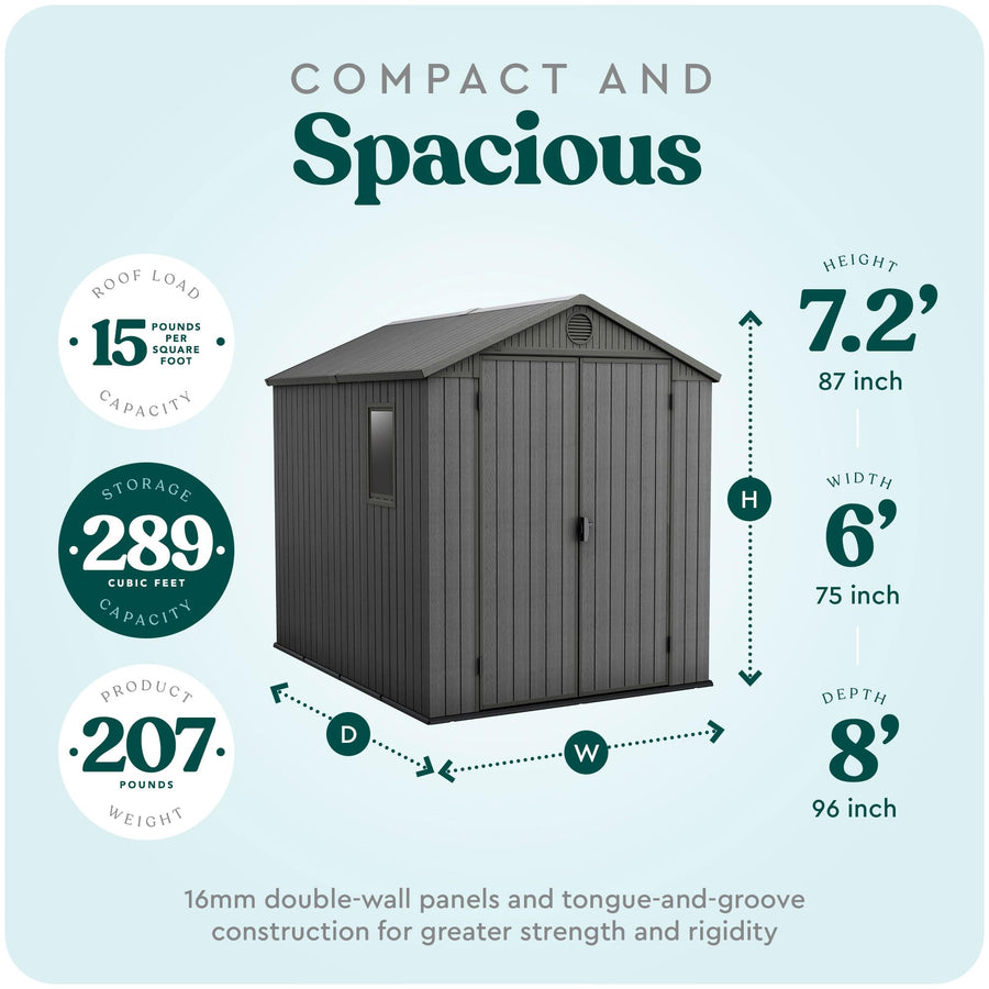 Keter Outdoor Tool Storage Shed, for House, Patio & Yard, Darwin, 6 x 8 Ft, Graphite Gray - Portable and Lockable Resin Utility Organizer for Backyard, Pool, Garden or Lawn Organization