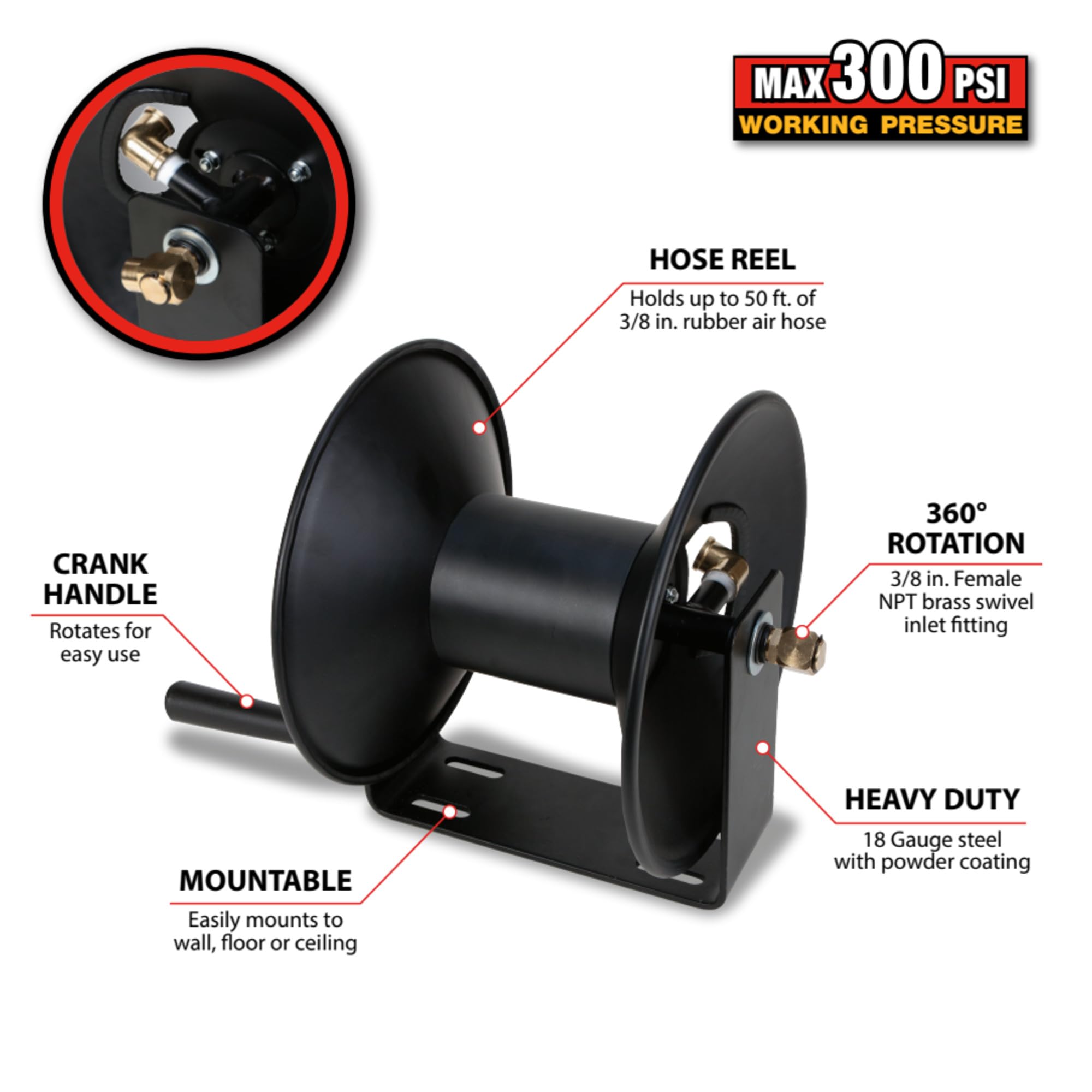 M635 Performance Tool 50' 18 Gauge Steel Air Hose Reel (Reel Only)