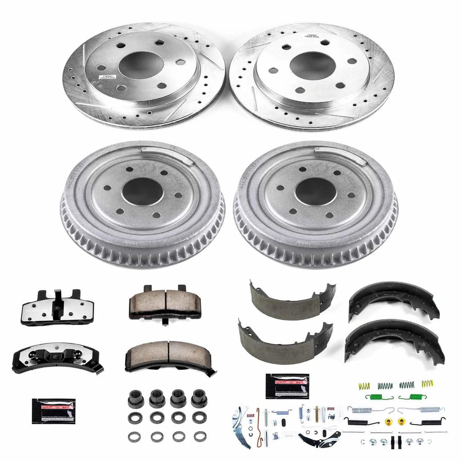 Power Stop Brake Kit Front and Rear For 1999 2000 Cadillac Escalade - Truck & Tow Carbon Fiber Ceramic Pads, Drums, & Drilled and Slotted Rotors Replacement, K15035DK-36