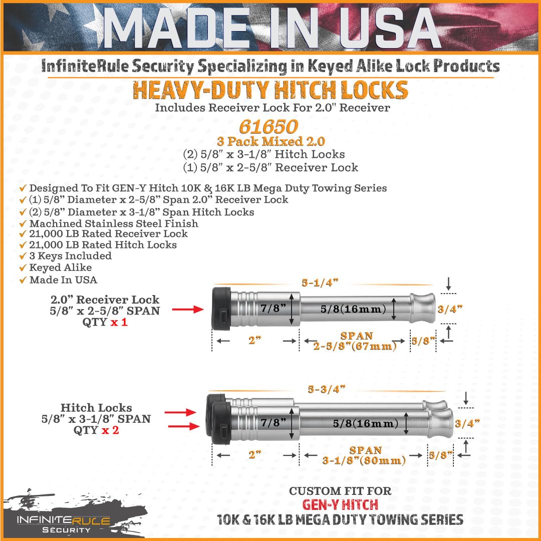 Security InfiniteRule 61650 | 3 Pack Mixed 2.0, Keyed Alike, Hitch Locks for Gen-Y Hitch Mega Duty 10K LB & 16K LB Series - Includes Lock for 2.0" Receiver