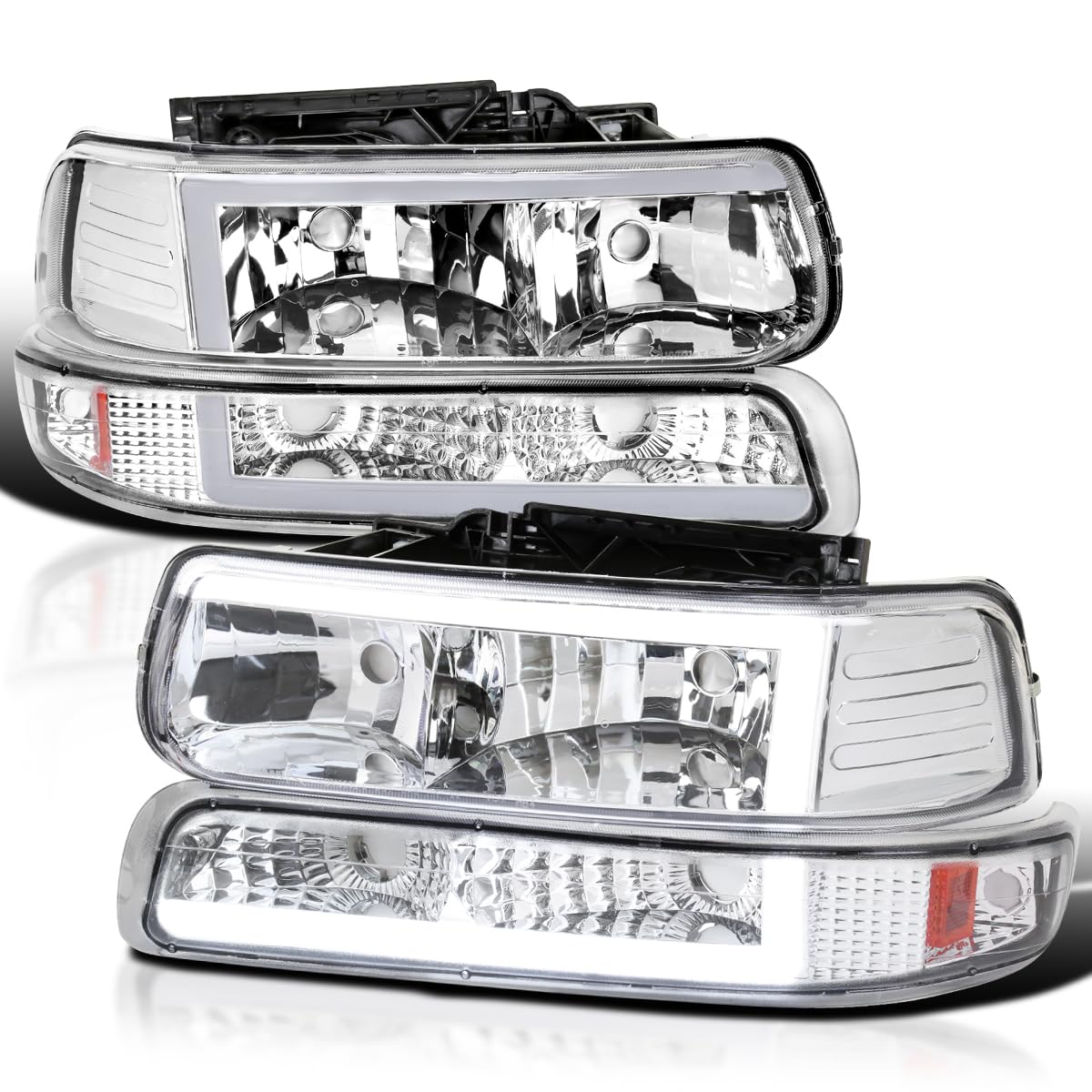 Chrome LED Bar Headlights + Bumper Lights SPEC-D TUNING Compatible with 1999-2002 Chevy Silverado 2000-2006 Tahoe Suburban, Left + Right Pair Headlamps Assembly