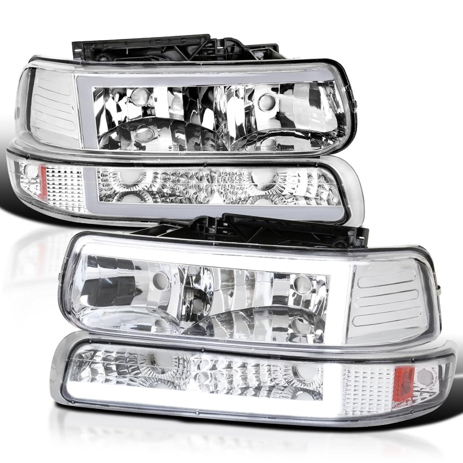 Chrome LED Bar Headlights + Bumper Lights SPEC-D TUNING Compatible with 1999-2002 Chevy Silverado 2000-2006 Tahoe Suburban, Left + Right Pair Headlamps Assembly