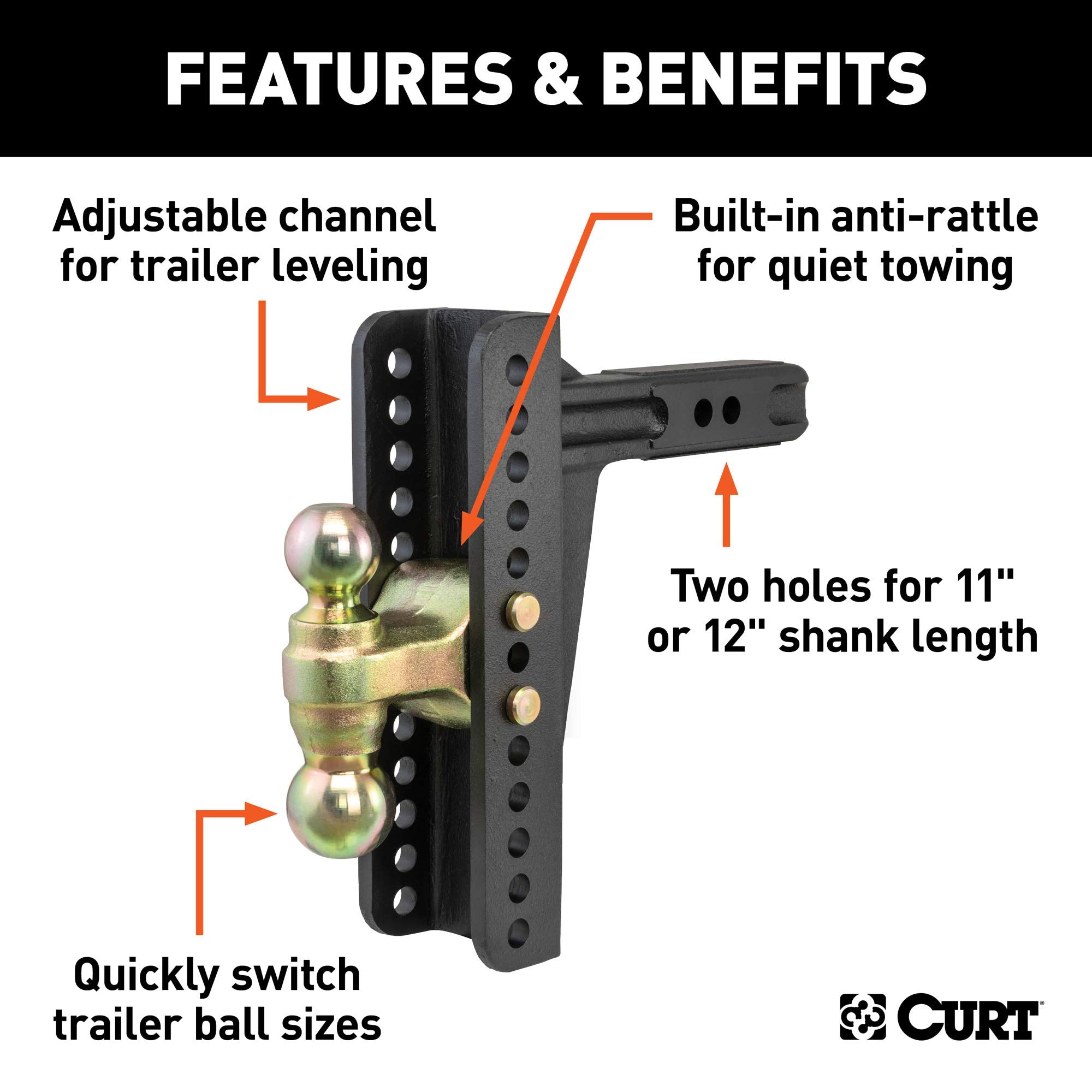 CURT Adjustable Trailer Hitch Ball Mount 45926, 2-Inch Receiver, 10-1/8-Inch Drop, 2 and 2-5/16-Inch Balls, 14,000 lbs