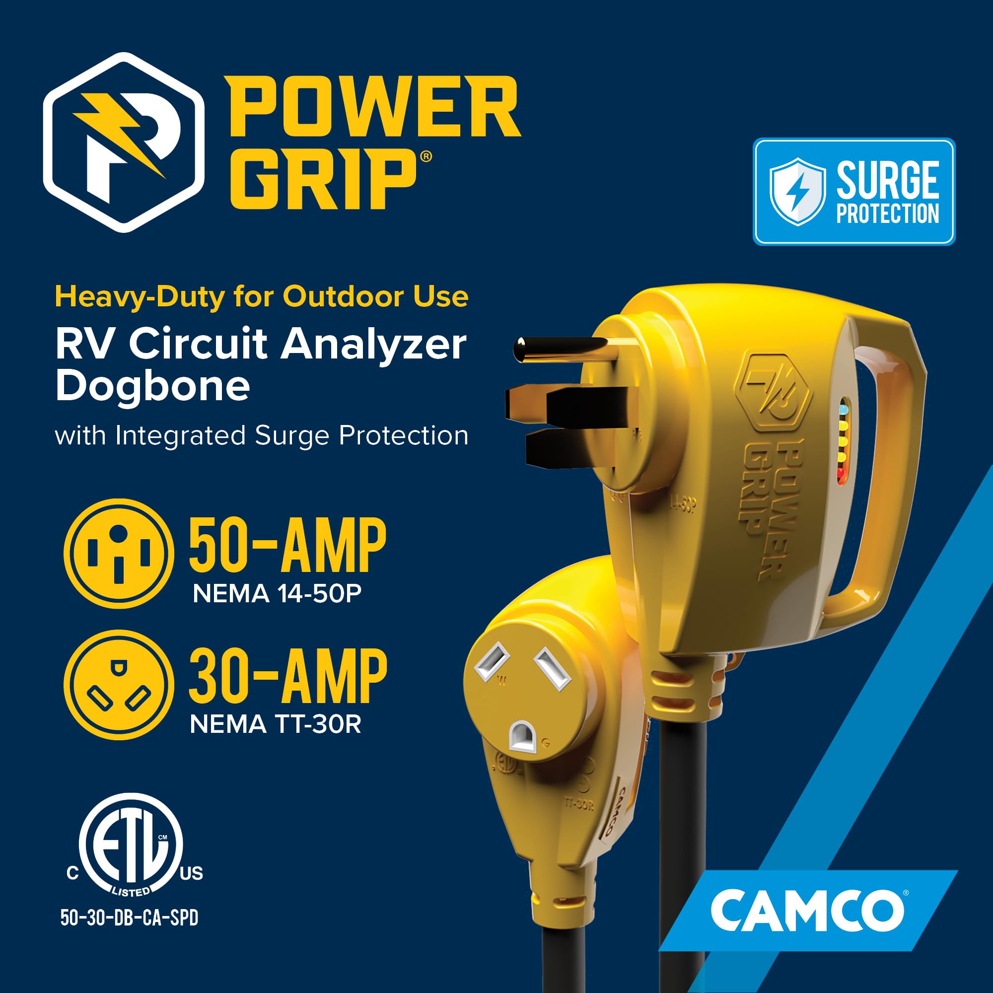Camco 18" Power Grip RV 50-Amp Circuit Analyzer Dogbone - Features Integrated Surge Protection & Fault Indication, 50-Amp Male to 30-Amp Female, 125V / 3750W (55563)