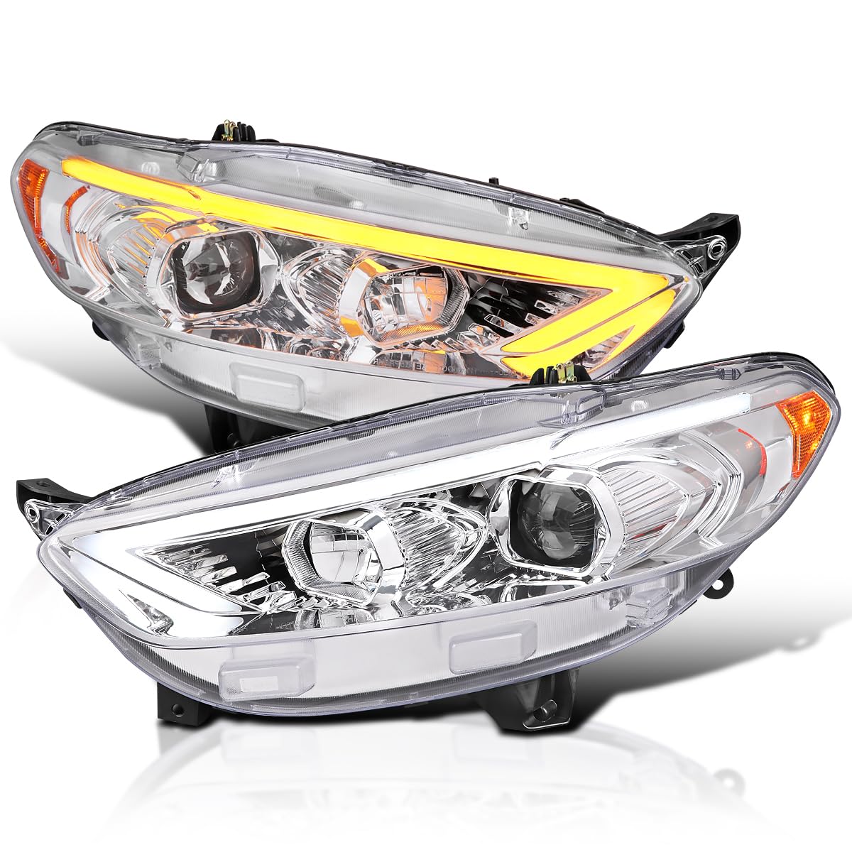 Chrome Projector Headlights SPEC-D TUNING w/Sequential Switchback LED Tube Signal Compatible with 2013-2016 Ford Fusion, Left + Right Pair Headlamp Assembly