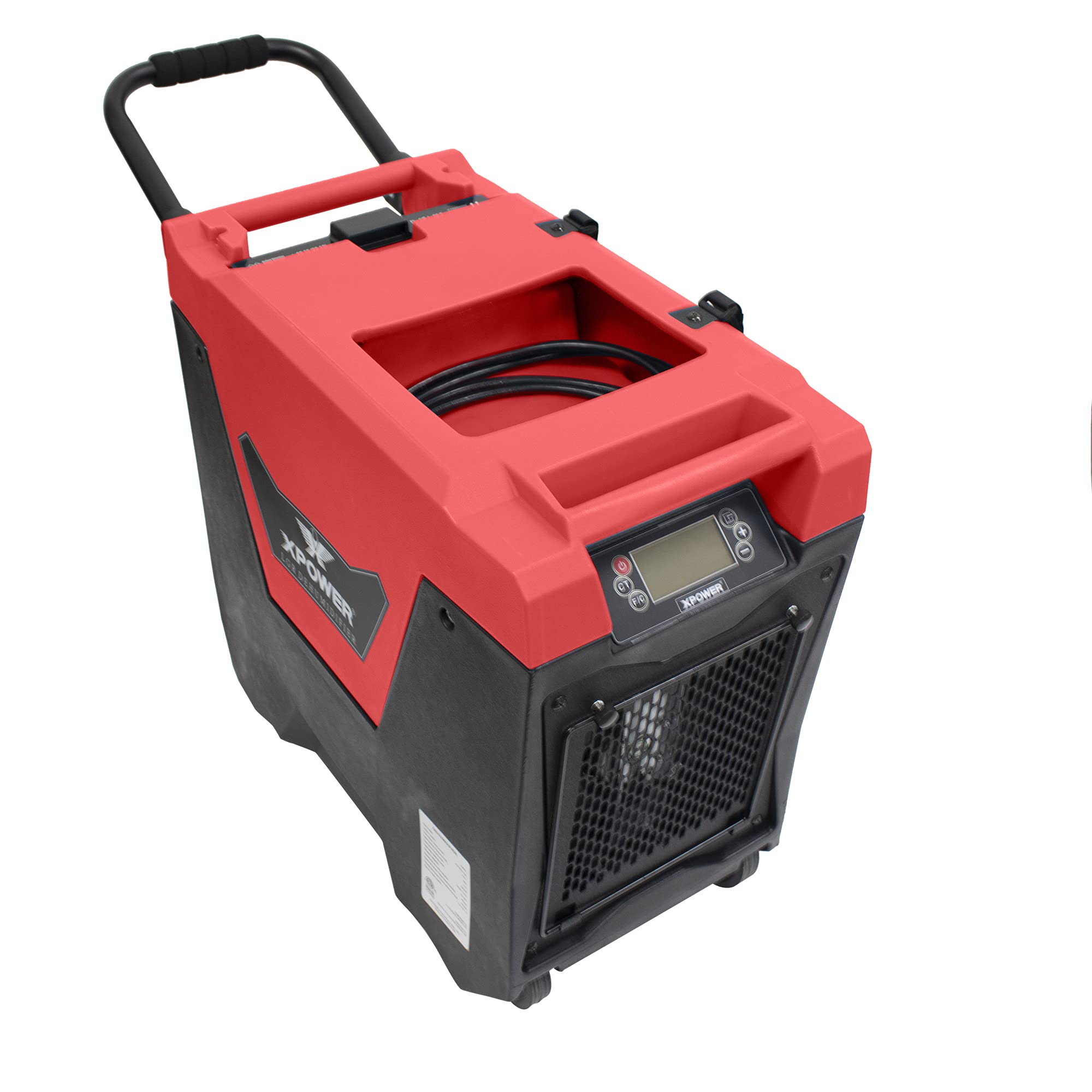 XD-85L2 XPOWER 145-Pint LGR Commercial Dehumidifier with Automatic Purge Pump, Drainage Hose, Handle and Wheels for Water Damage Restoration, Clean-up Flood, Basement, Mold, Mildew (Red)