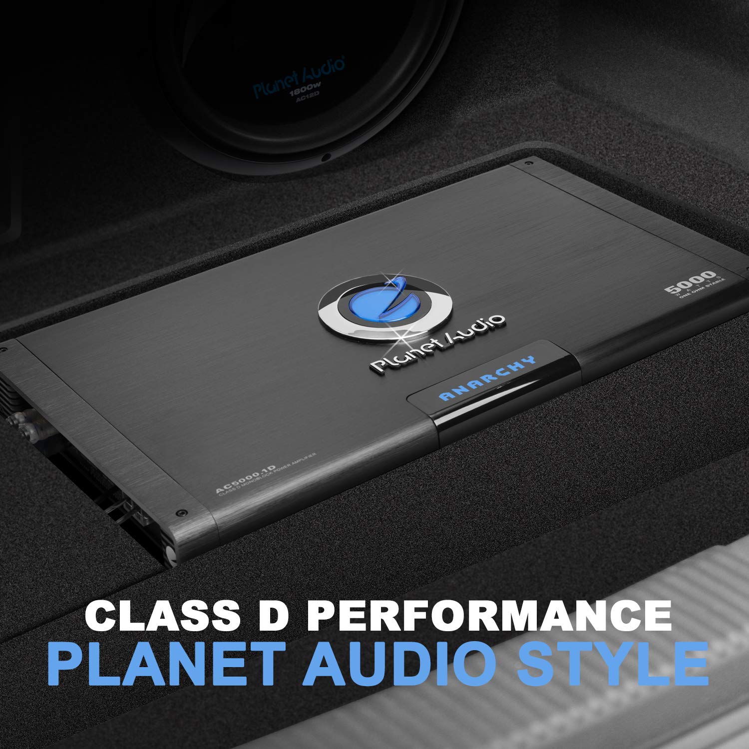 Planet Audio Anarchy Series AC5000.1D Car Amplifier - 5000 High Output, Class D, Monoblock, 1 Ohm Stable, Low Level Inputs, Low Pass Crossover, Mosfet Power Supply