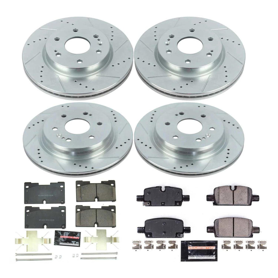 Power Stop K8171 Z23 Carbon Fiber Brake Pads Front and Rear with Drilled and Slotted Brake Rotors Kit and 2 Front & 2 Rear Sensor Wires For 2019 2020 Chevy Silverado 1500