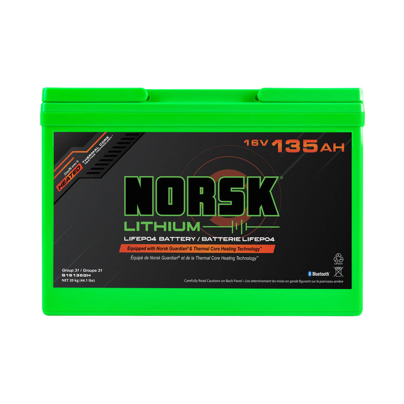 16V Norsk Lithium 135AH Heated LiFePO4 Deep Cycle Battery | Group 31 | Bluetooth | Thermal Core Heating Technology | IP67 Waterproof | Perfect for Marine Electronics