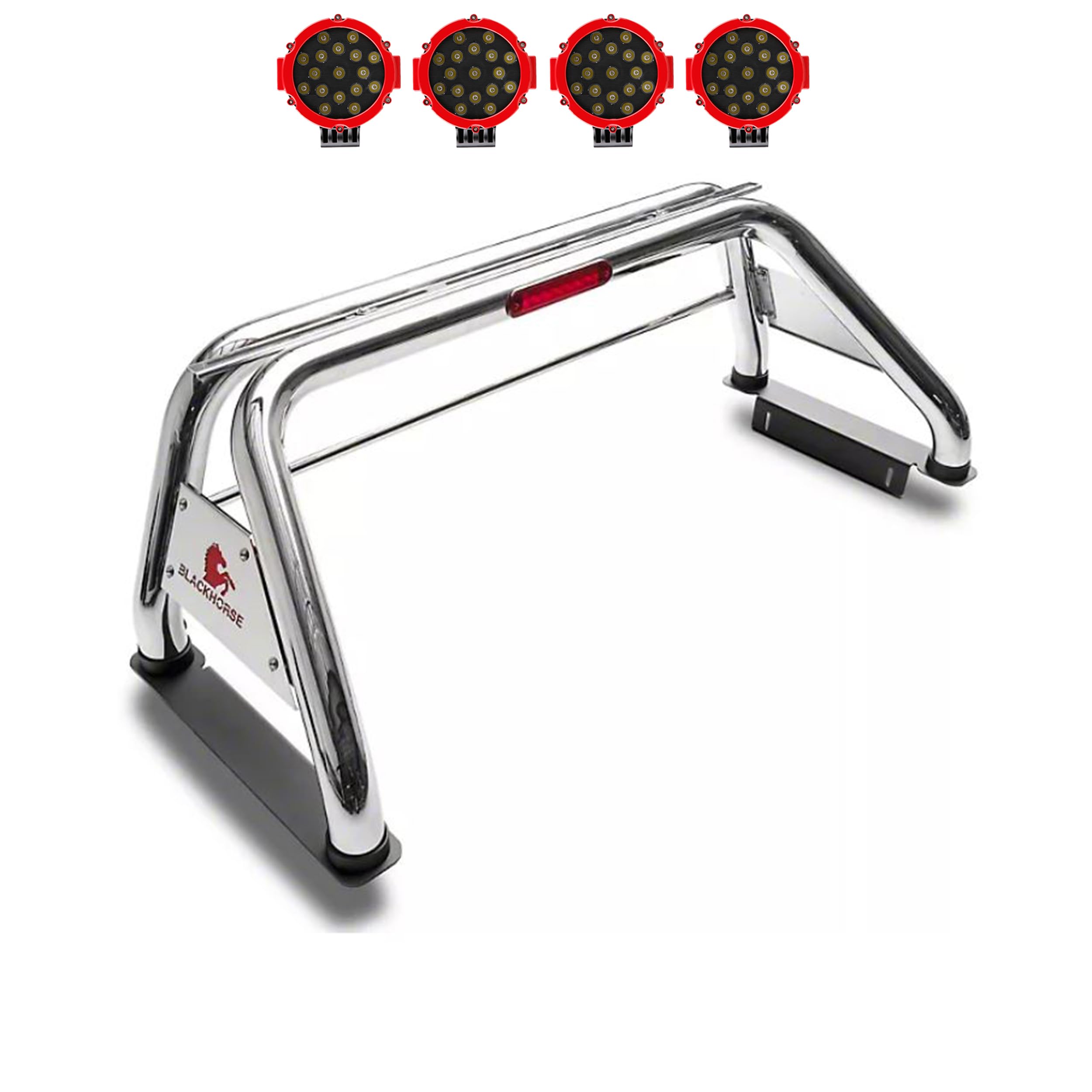 Classic Black Horse Roll Bar Incl. Pair of 7.0" Dia. LED Lights w/Red Trim Rings Stainless Steel Compatible with 19-24 Ram 1500 Excludes Classic models-RB002SS-PLR