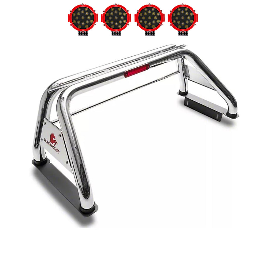 Classic Black Horse Roll Bar Incl. Pair of 7.0" Dia. led Lights w/Red Trim Rings Stainless Steel Compatible with 99-24 Ford F-250 Super Duty|99-24 Ford F-350 Super Duty|99-24 Ford F-450 Super Duty