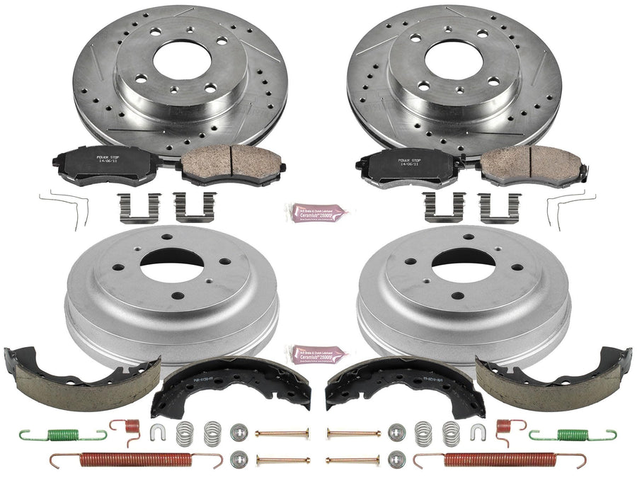 Power Stop K15217DK Z23 Carbon Fiber Brake Pads Front and Rear with Drilled & Slotted Brake Drums Kit For Nissan Sentra 2002-2006 [Model Specific]