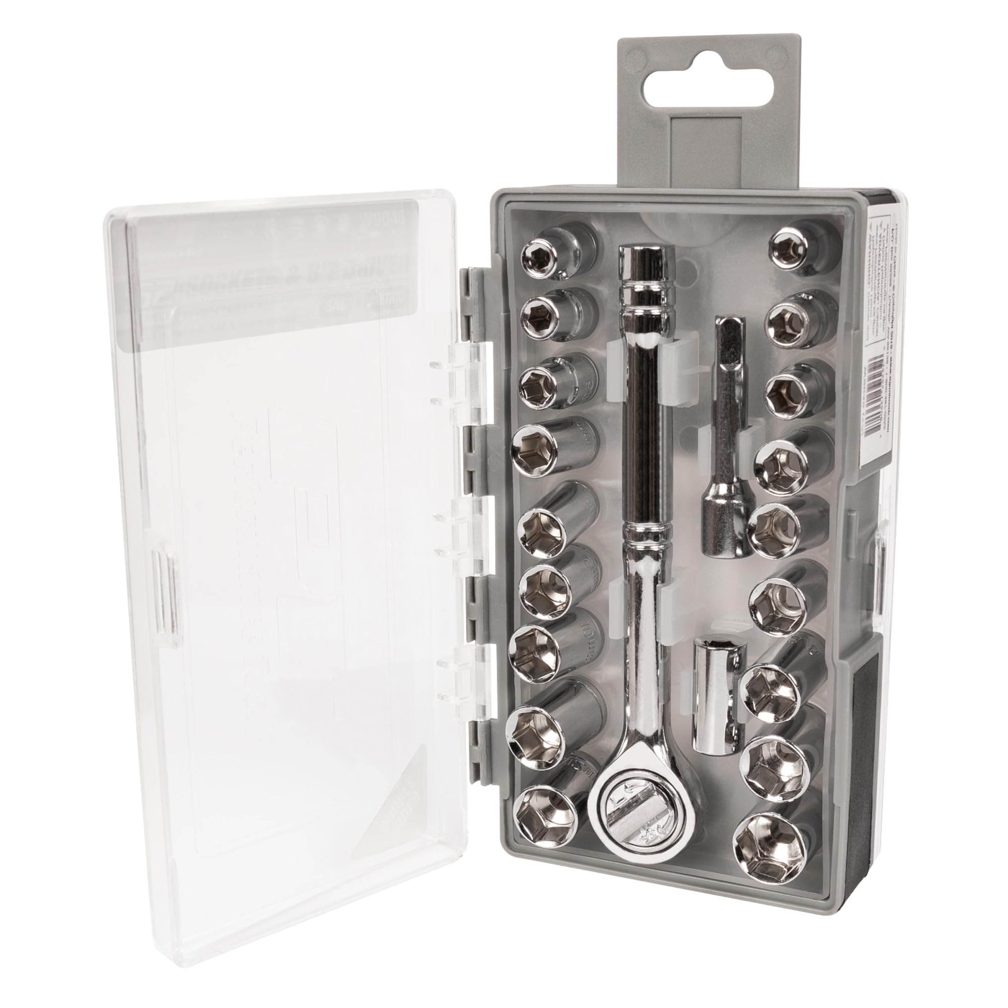 W9046 Performance Tool 52pc Socket and Bit Driver Set with 1/4-Inch Drive Ratchet, SAE and Metric Sockets, and Assorted CR-V Bits in Flip Case