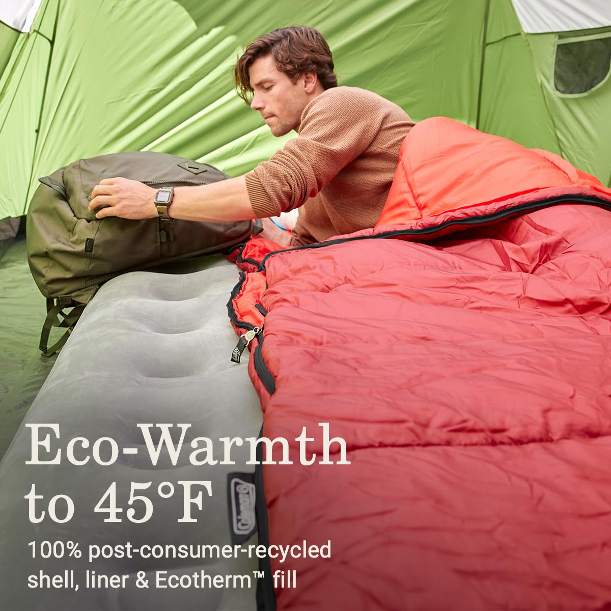 Coleman 30/40/50°F Flatlands Sleeping Bag, Made from 100% Recycled Material, Big & Tall Options, Cool-Weather Sleeping Bag for Camping, Sleepovers, Guests & More
