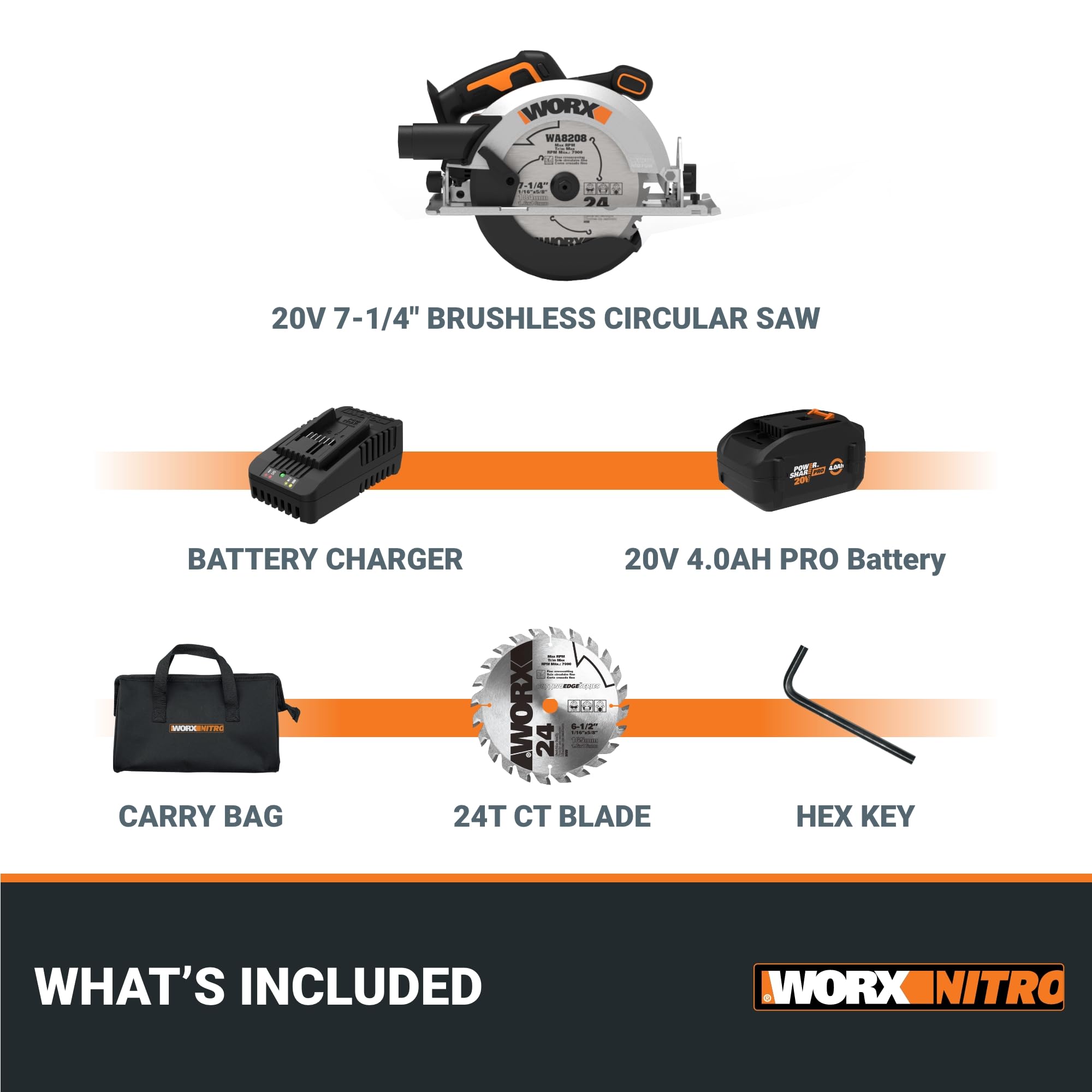 20V Worx Nitro Brushless Cordless Circular Saw, 7-1/4-Inch, Compact Circular Saw WX520L, Battery & Charger Included