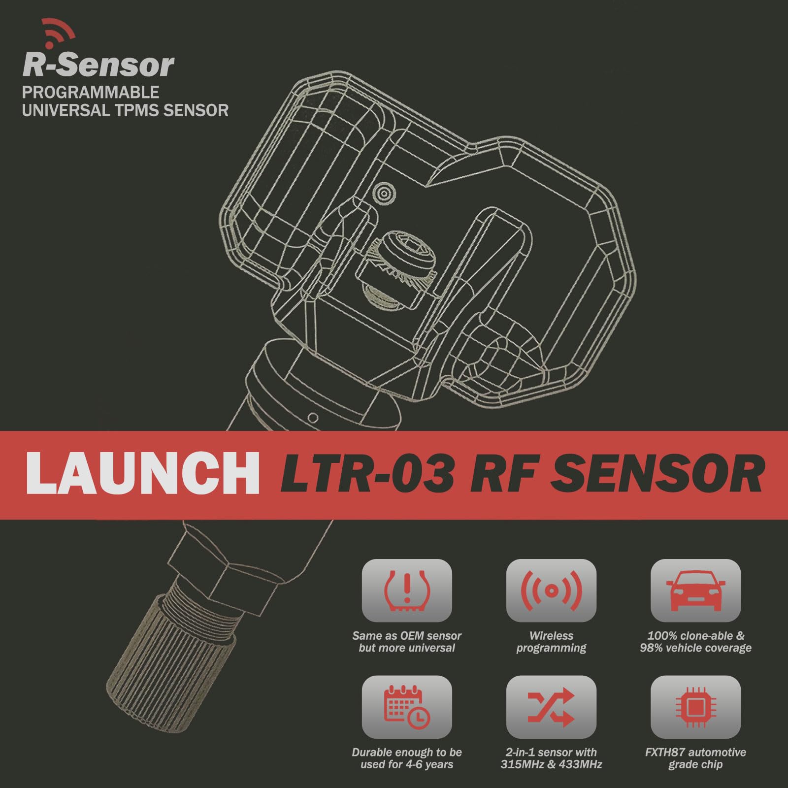 TPMS Sensor LAUNCH LTR-03 315MHz/433MHz Dual Frequency Screw-in Metal Tire Pressure Monitor System Programmable Replace OE-Sensor for LAUNCH TPMS Tool Update Version of LTR-01 - [Pack of 4]