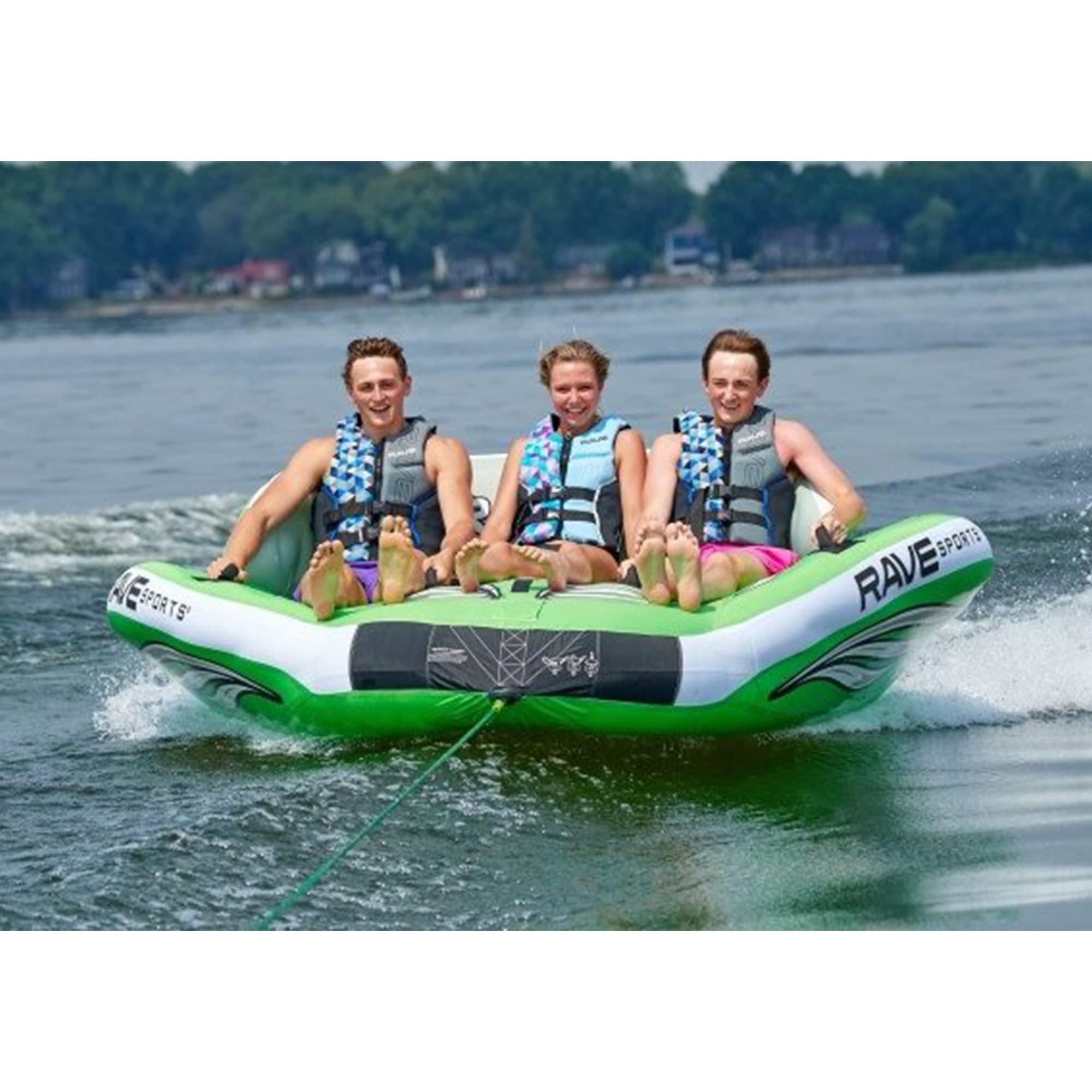 3 Person RAVE Sports Inflatable Durable Nylon Wake Hawk Towable Boating Water Tube Raft with 6 Handles, Knuckle Guards, and 2 Air Chambers, Green