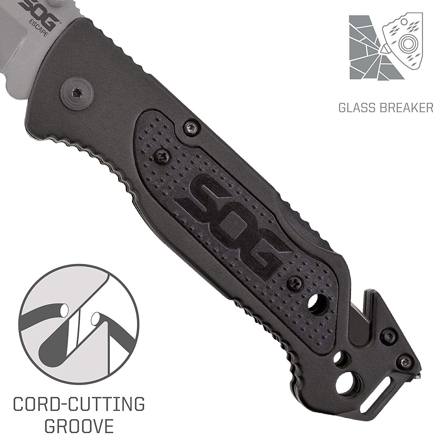 SOG Tactical Escape Folding Pocket Knife- 3.4 Inch Serrated Edge Blade Knife w/ Glass Breaker, Wire Stripper and Line Cutter Blades-Satin (FF25-CP),Black