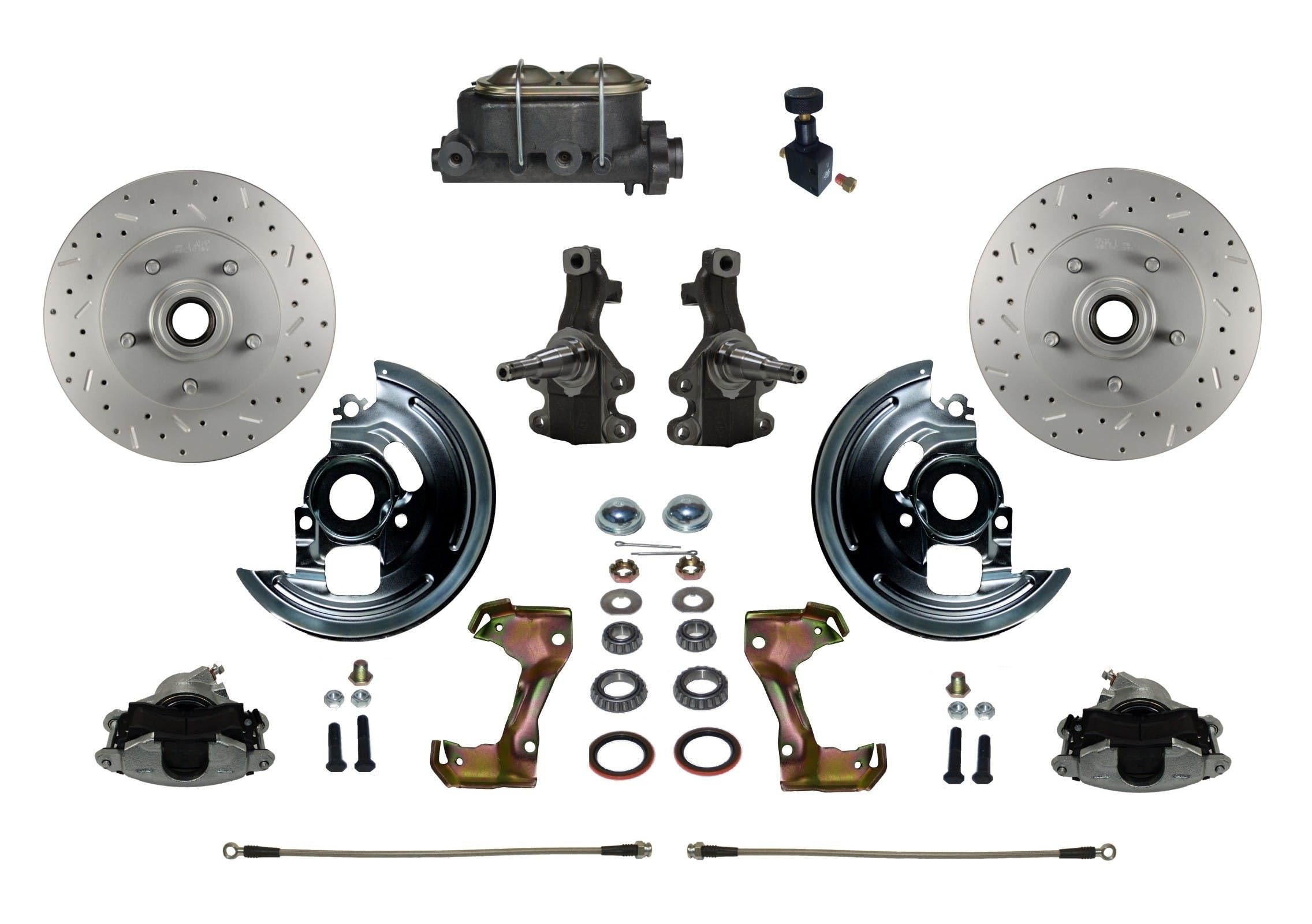 Manual LEED BRAKES Front Disc Brake Conversion 2" Drop Spindle Cross Drilled And Slotted With Cast Iron M/C Adjustable Proportioning Valve