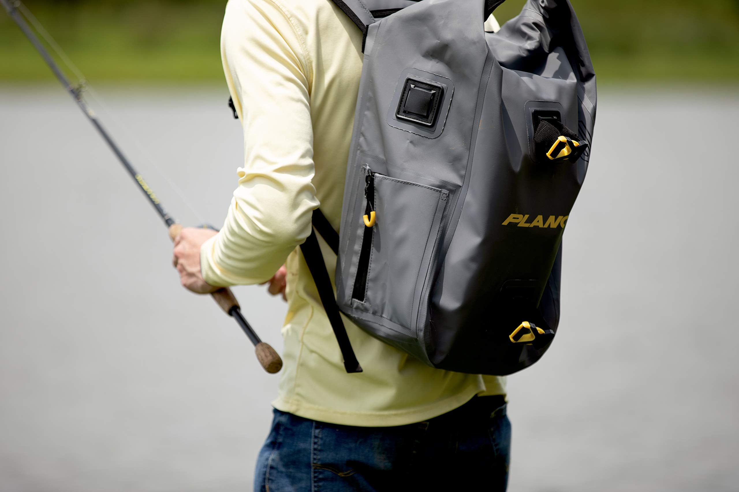 Plano Roll-Top Z-Series Waterproof Fishing Tackle Backpack, Gray Fabric, Includes 2 Clear 3700 StowAway Utility Boxes, Fishing Backpack with Tackle Boxes