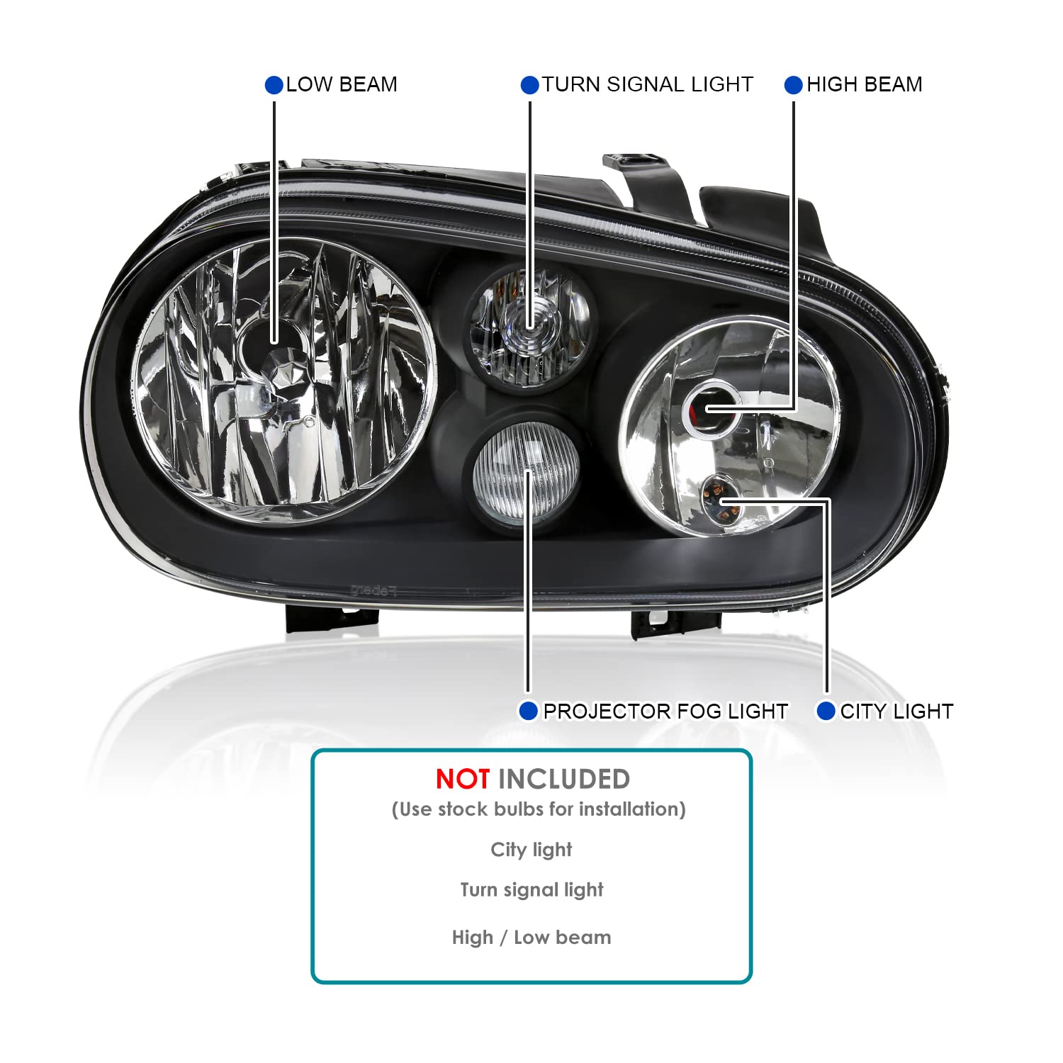Black SPEC-D TUNING Headlights w/Built-in Fog Lamps Compatible with 1999-2006 Volkswagen Golf MK4 GTI, 2004 R32, 1999-2002 Cabrio, L+R Pair Head Light Lamp Assembly