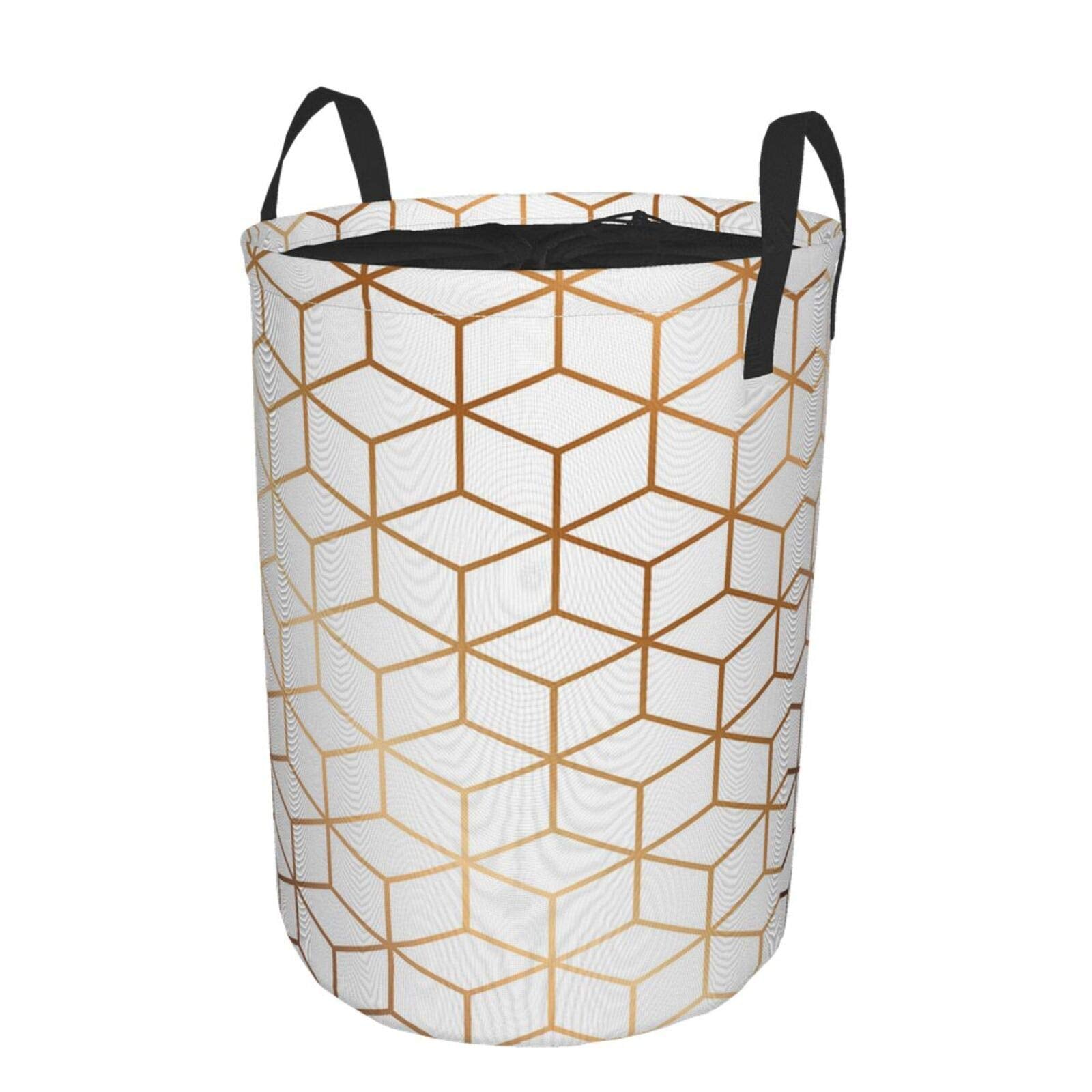 Marble Texture Large Storage Baskets, Pattern Design With Golden Cubes, Geometric, Drawstring Waterproof Round Collapsible Laundry Hamper for Dirty Clothes Toy Home Office 21.6"X16.5"