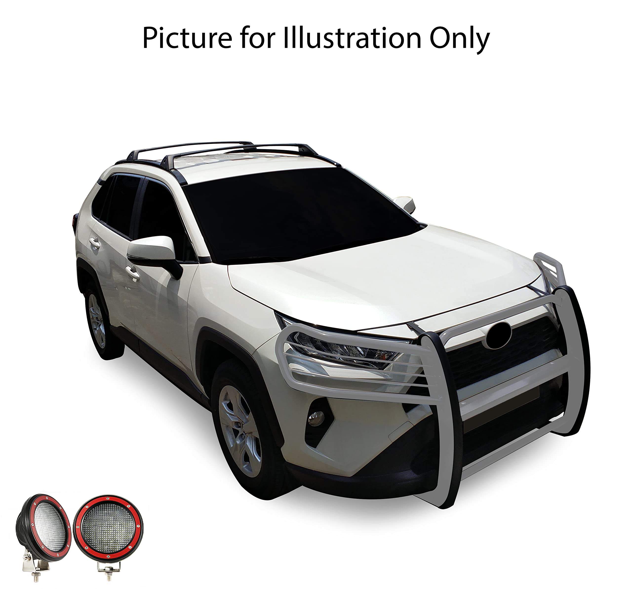 Grille Brush Black Horse Bumper Guard Modular Stainless Steel Come with Pair of 5.3" Dia.LED Lights with Red Trim Rings Compatible with 2019-2024 Toyota RAV4-17A093904MSS-PLFR