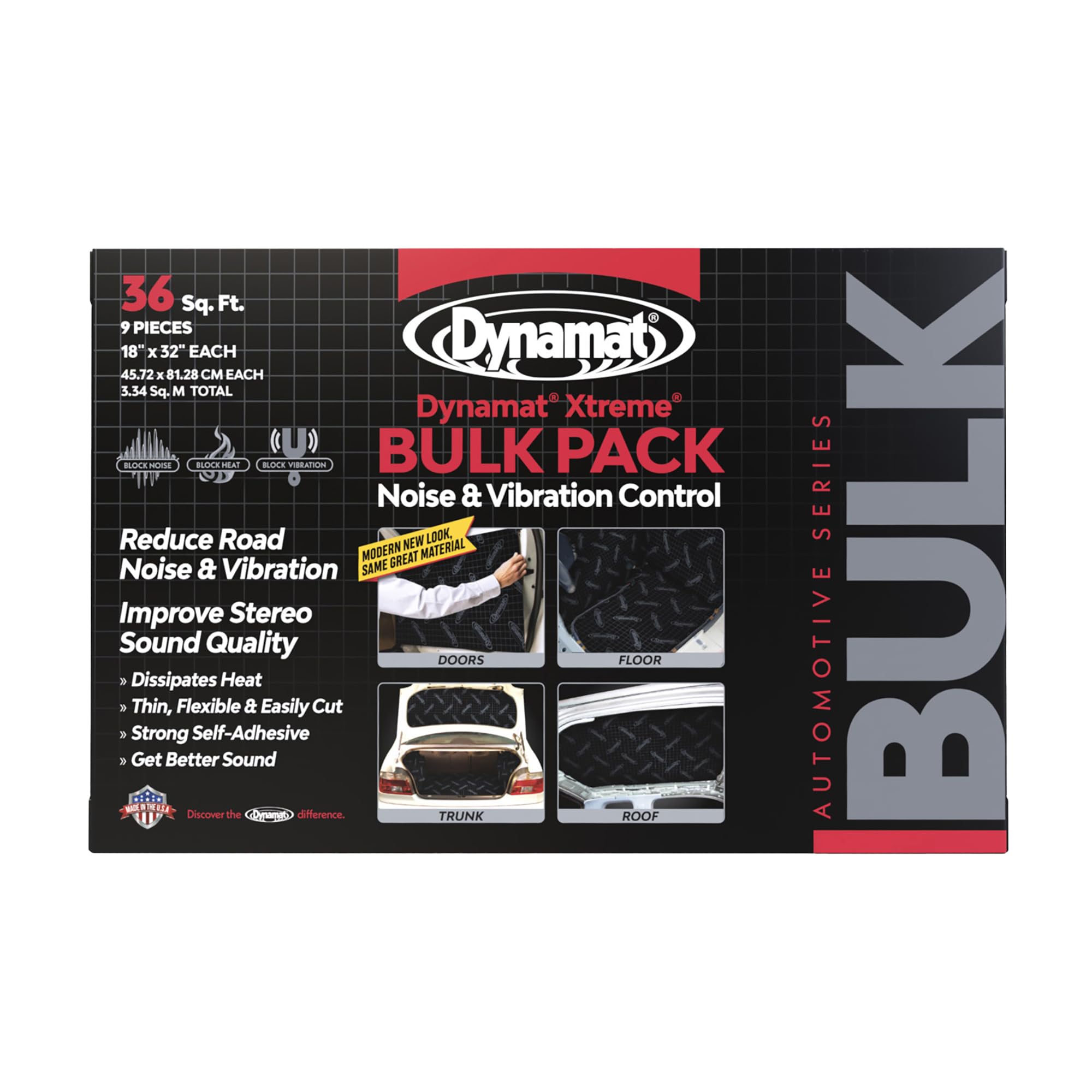Dynamat Xtreme Car Insulation Sound Deadening Bulk Pack 10455 – Noise Dampening for Floor, Doors, Panels, Hood or Trunk – Easy Self Adhesive Install – Made in USA – 9 Sheets 18”x32”, 36 sq ft total
