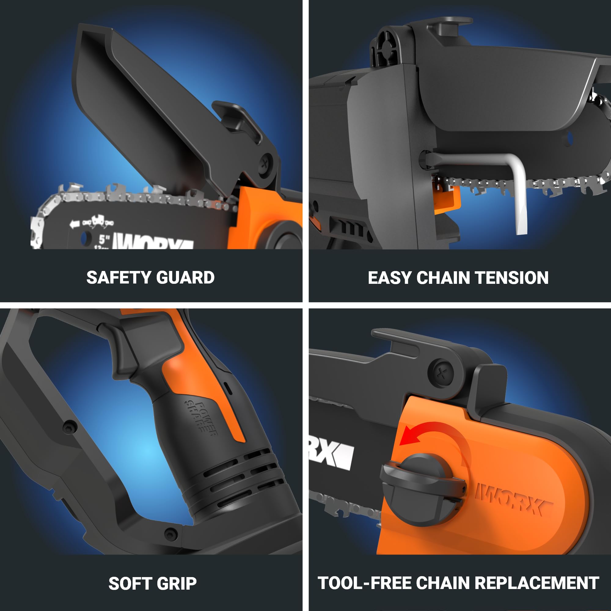 20V Worx 5" Mini Cordless Chainsaw, 3.9 lbs, 22 ft/s Chain Speed, Power Share Battery, Upper & Hand Guard WG324 - Battery & Charger Included