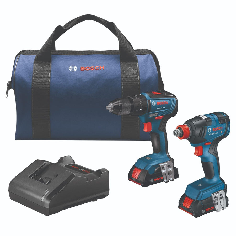 GXL18V-240B22 Bosch 18V 2-Tool Combo Kit with 1/2 In. Hammer Drill/Driver, Two-In-One 1/4 In. and 1/2 In. Bit/Socket Impact Driver/Wrench and (2) 2 Ah Standard Power Batteries
