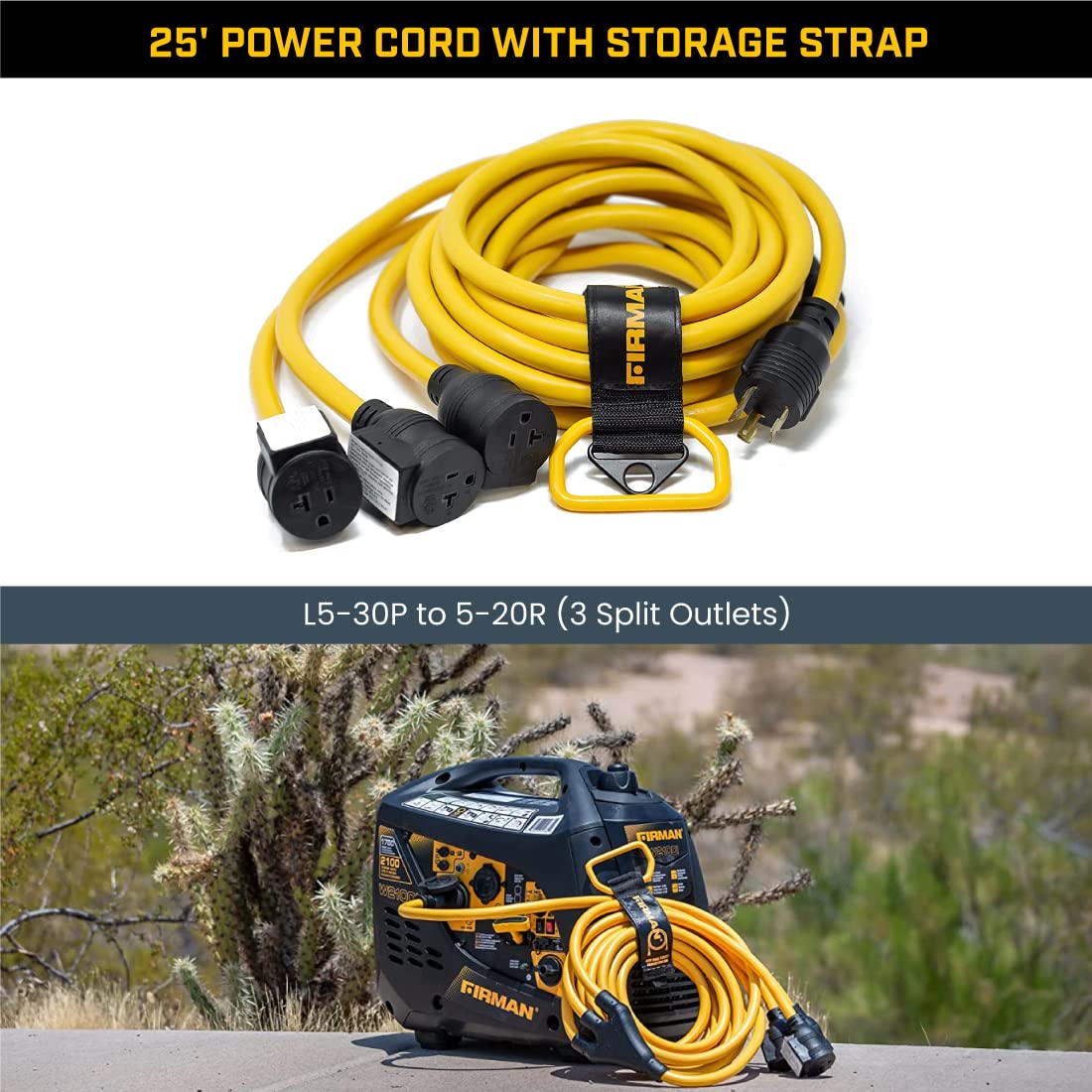 30 Amp Firman Generator Power Cord (L5-30P to 3x5-20R), Black