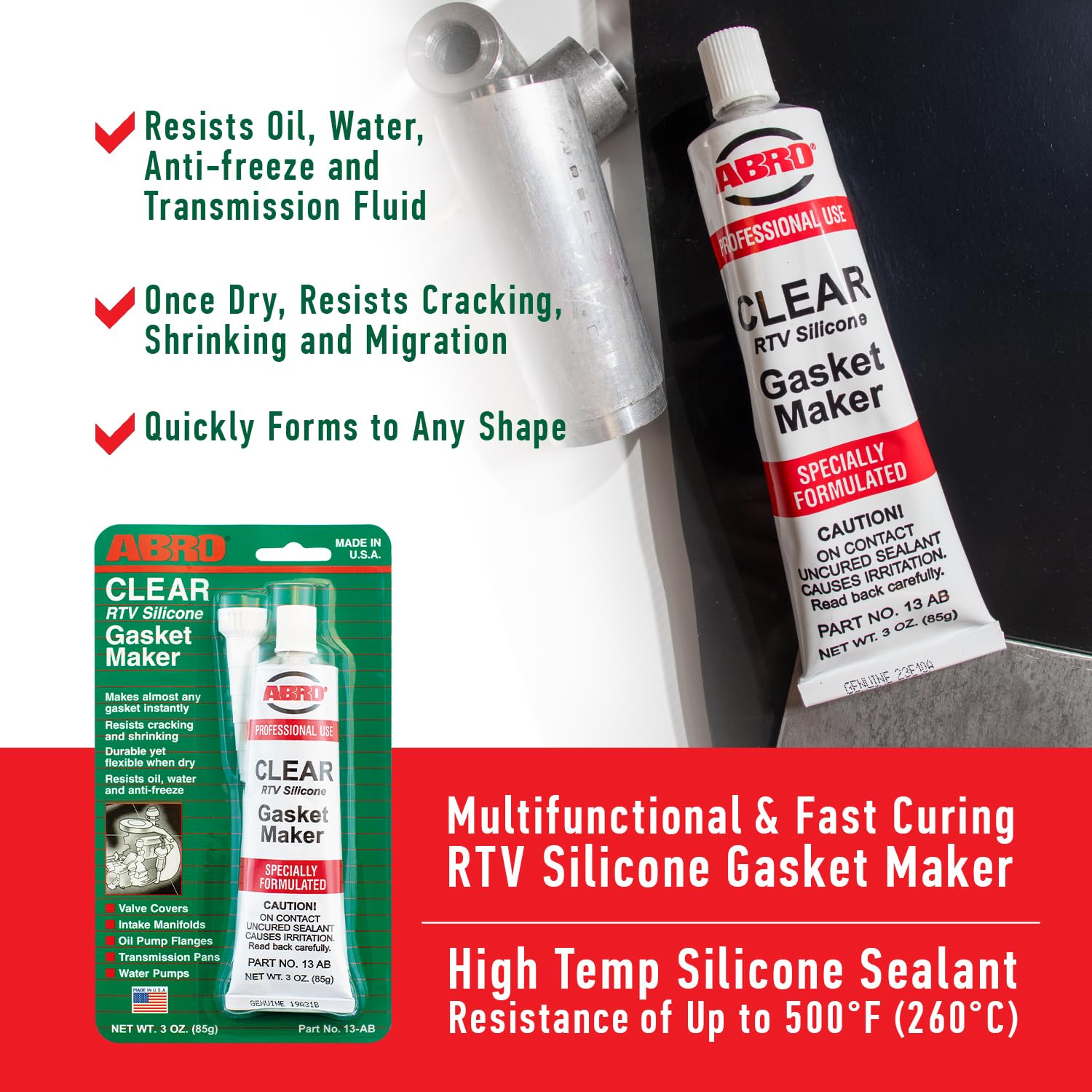 RTV Silicone Sealant and Gasket Maker ABRO: Up to 500 Degree F Heat, High Temp Silicone Sealant, 3 oz/85g Tube - Clear