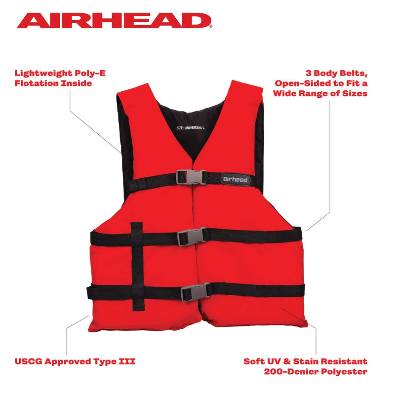 AIRHEAD Life Jacket General All Purpose, US Coast Guard Approved Type III unisex adult Life Vest Perfect for Boating and Personal Watercraft Use - 4 Pack, Red