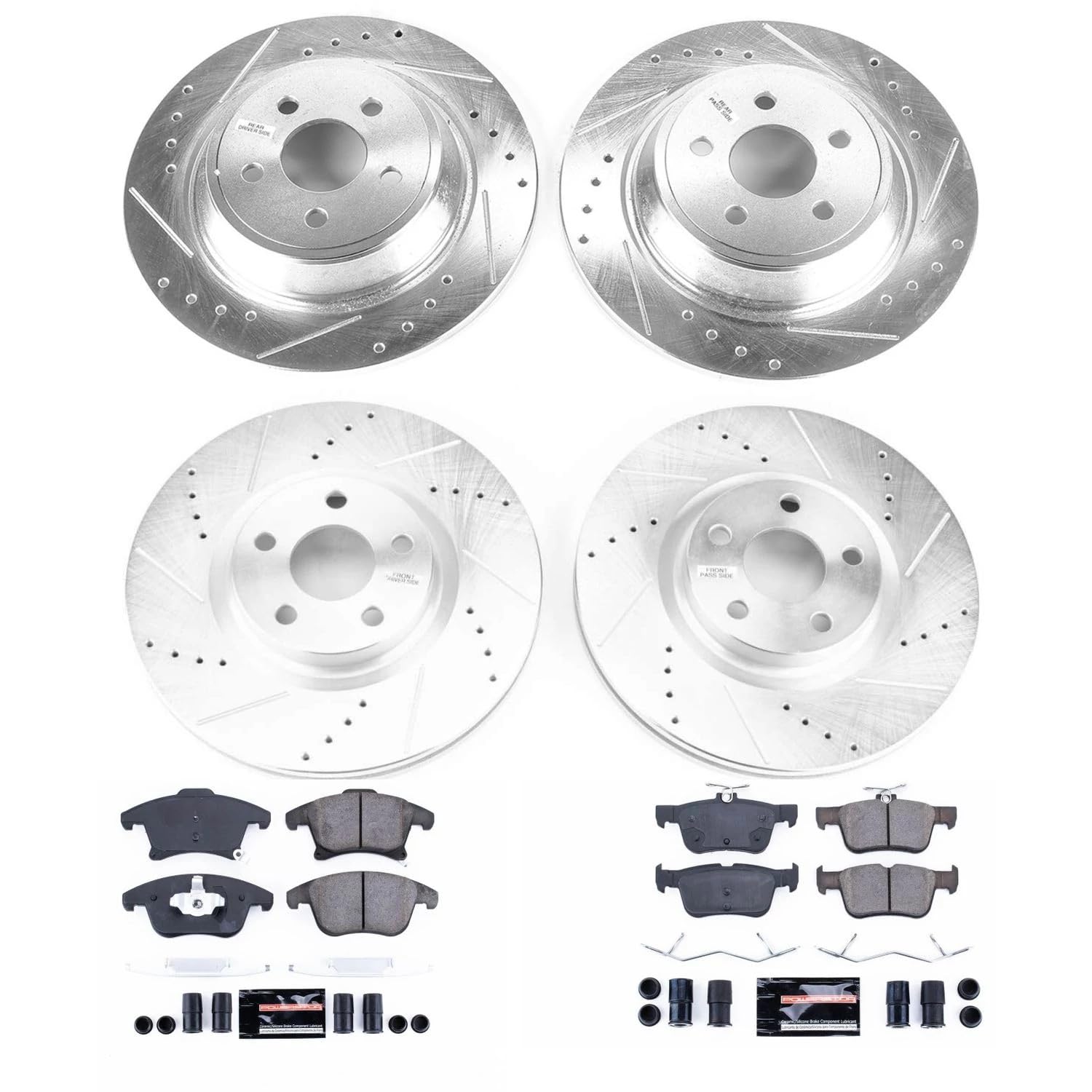 Power Stop K7912 Z23 Carbon Fiber Brake Pads Front and Rear with Drilled & Slotted Brake Rotors Kit For Lincoln MKZ 2017-2020 [Model Specific]