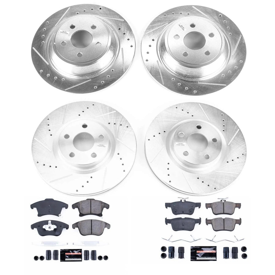 Power Stop K7912 Z23 Carbon Fiber Brake Pads Front and Rear with Drilled & Slotted Brake Rotors Kit For Lincoln MKZ 2017-2020 [Model Specific]