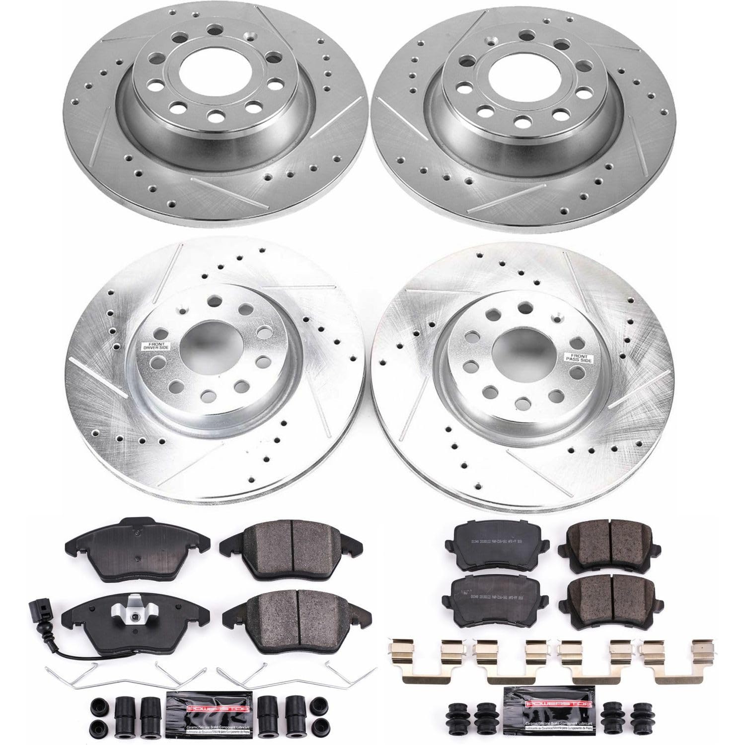 Power Stop K7836 Z23 Carbon Fiber Brake Pads Front and Rear with Drilled & Slotted Brake Rotors Kit For Volkswagen CC 2009-2017 [Model Specific]