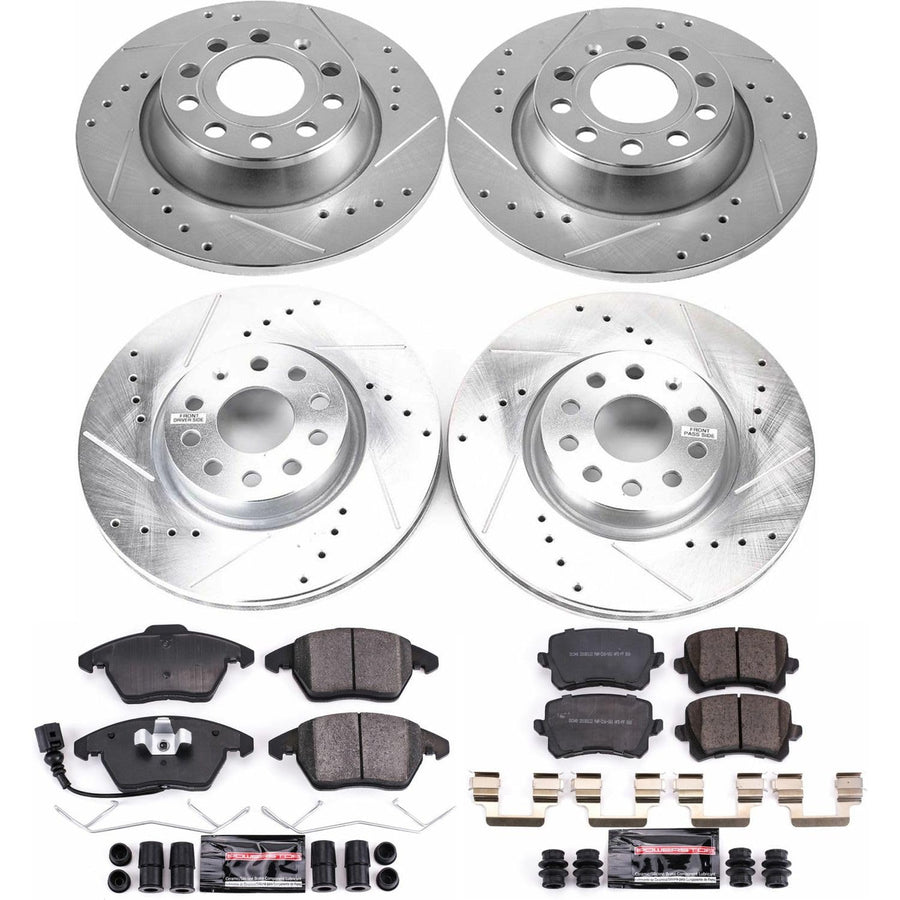Power Stop K7836 Z23 Carbon Fiber Brake Pads Front and Rear with Drilled & Slotted Brake Rotors Kit For Volkswagen CC 2009-2017 [Model Specific]