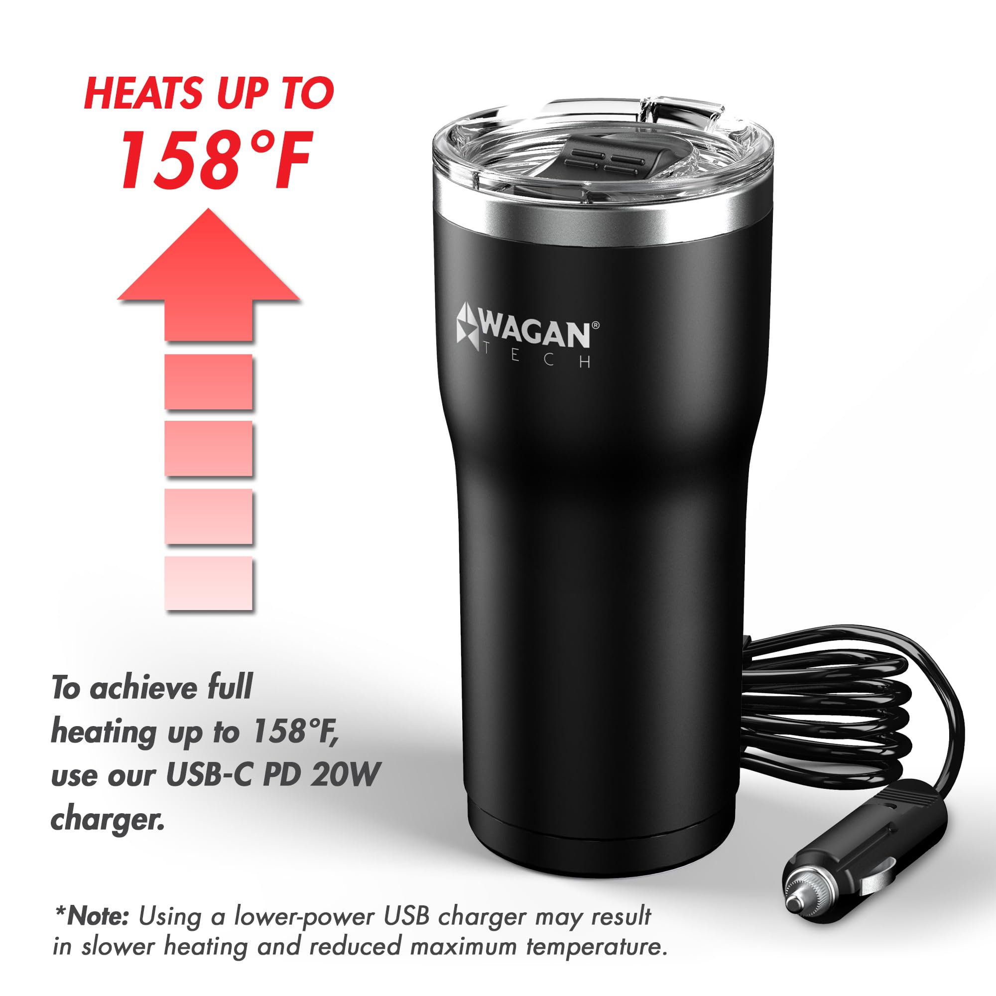 Wagan 12V Travel Car Heated Mug Portable 16oz Stainless Steel Anti-Spill Lid Slip Resistant Base Car Coffee Warmer Coffee Cup USB–C PD20W 12V DC (Black)
