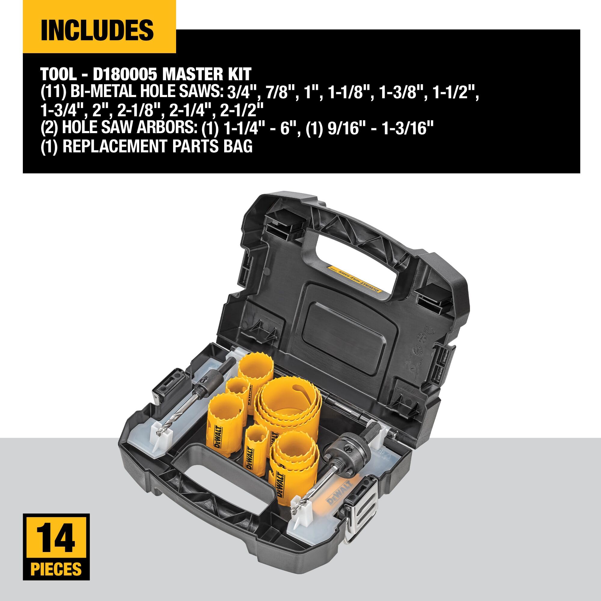 DEWALT 14-Piece Hole Saw Kit, Includes 2 Quick Change Mandrels and Pilot Point Bits (D180005)