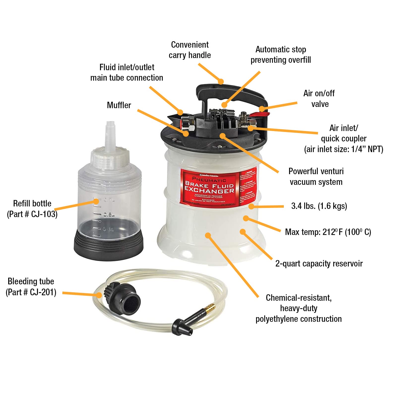 Pneumatic Air Operated JohnDow Industries JDI-050EV Brake Fluid Bleeder/Exchanger, 0.5 Gallon Capacity with Fluid Refill Bottle Included, White